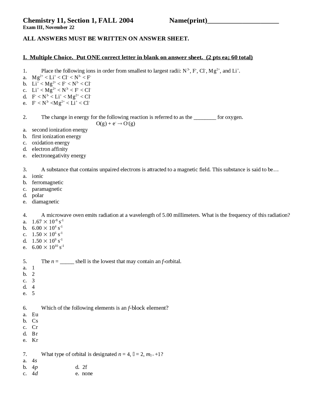 Exam 3 Fall 2004 - General Descriptive Chemistry II | CHEM 102 - Docsity
