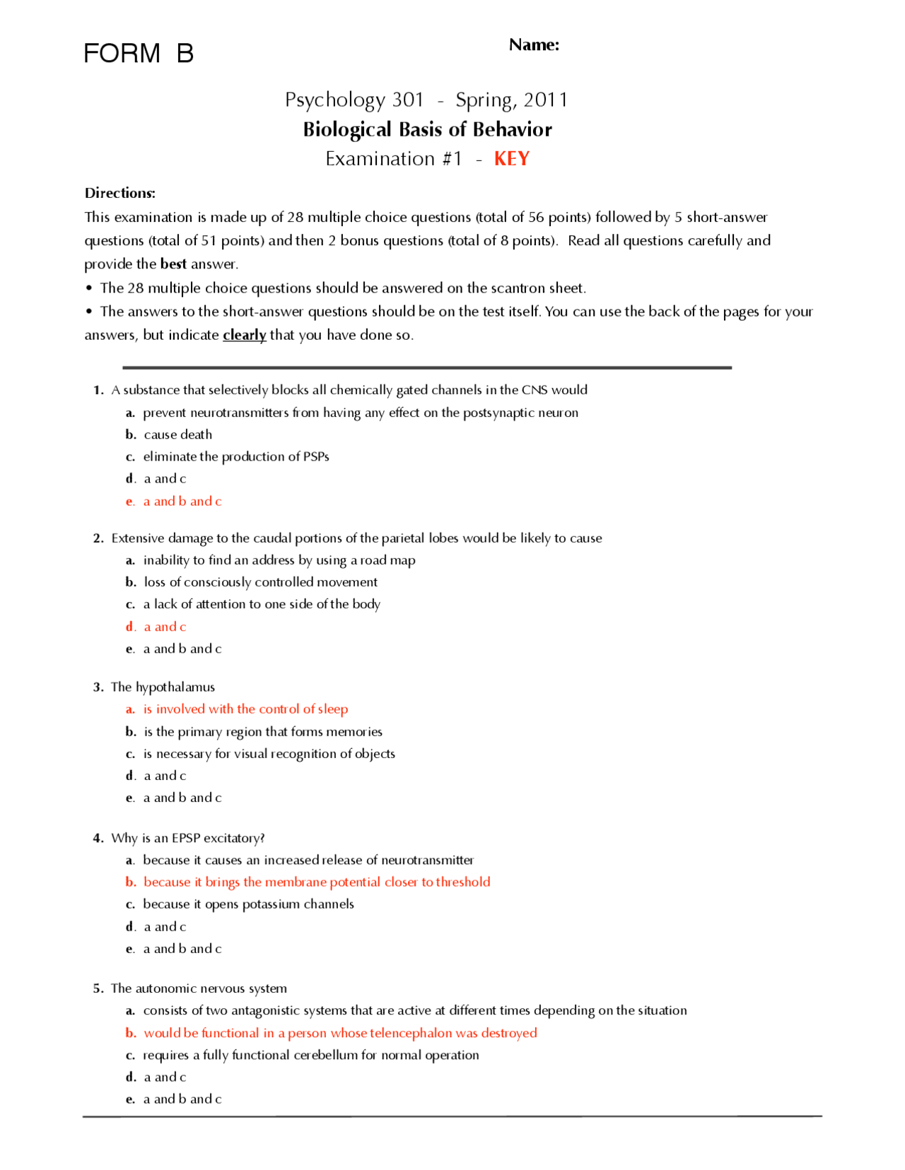 35 Questions on Biological Basis of Behavior - Exam 1 | PSYC 301 ...