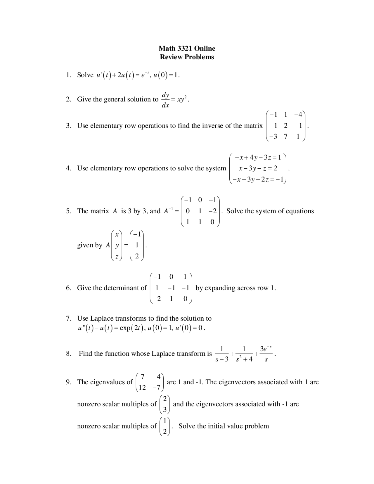 27 Problems on Engineering Mathematics - Review Study | MATH 3321 - Docsity