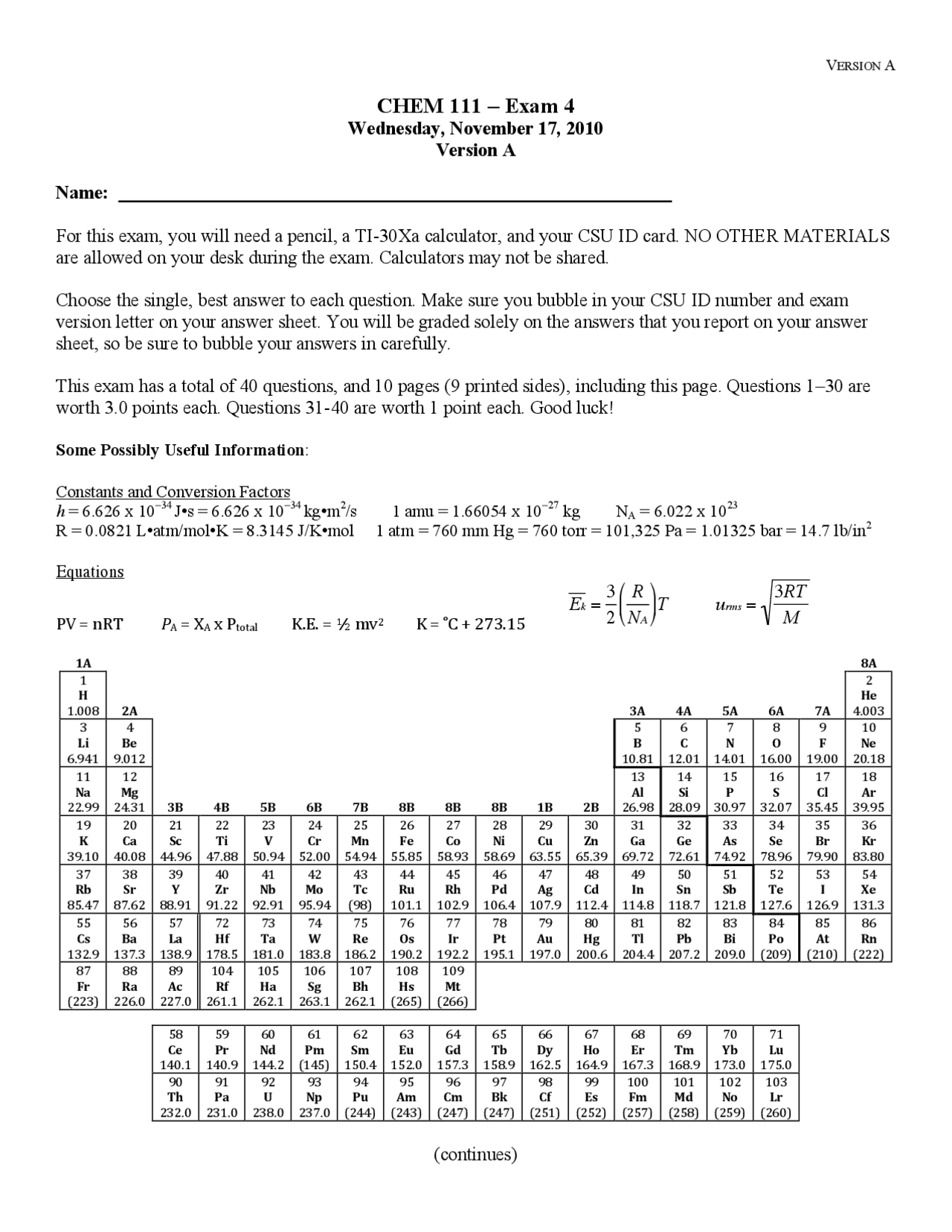 Exam 4 Questions - General Chemistry - Fall 2010 | CHEM 111 - Docsity