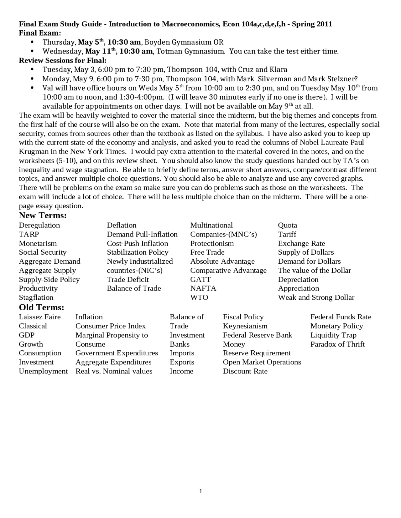 Introduction to Macroeconomics - Final Exam Study Guide | ECON 104 ...