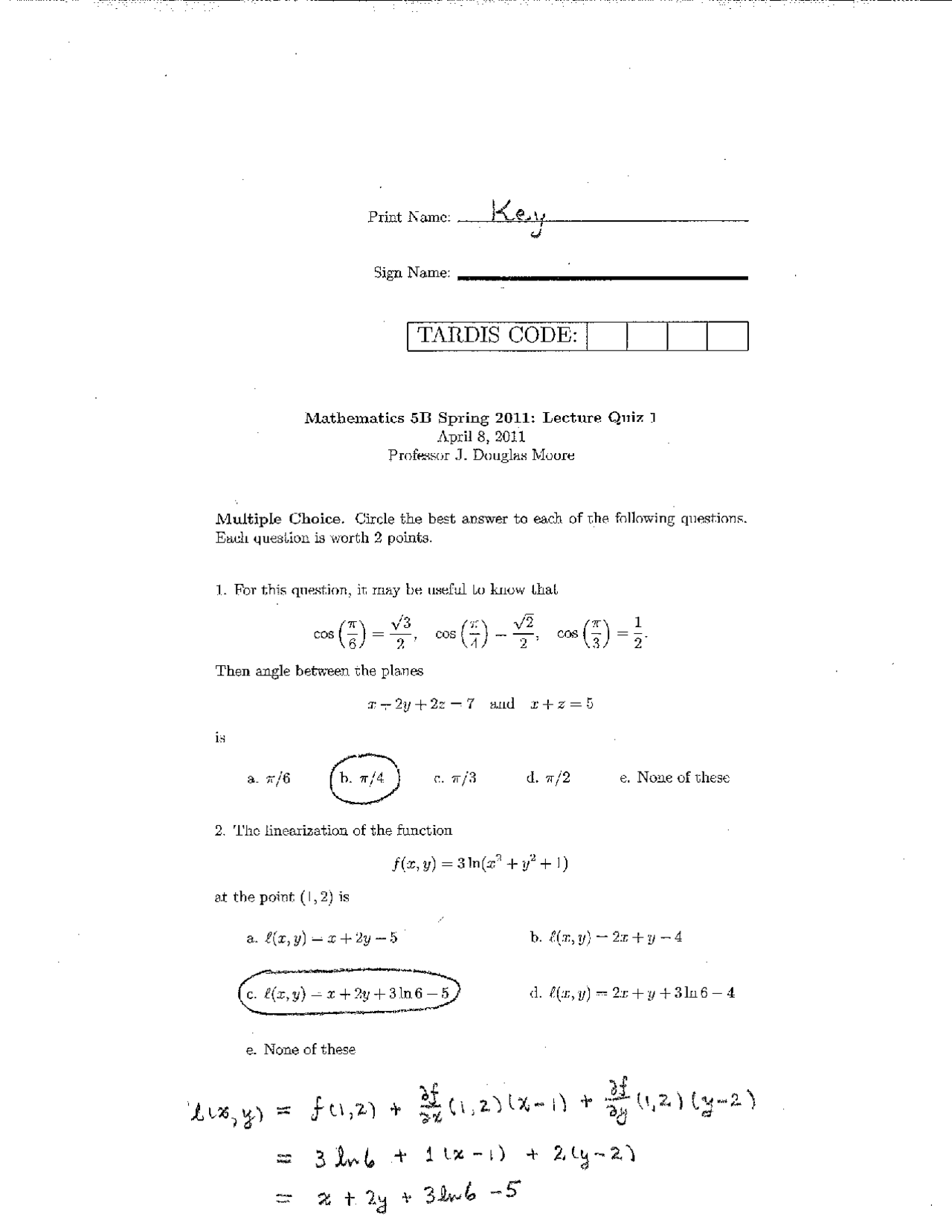 Quiz with Answer Key - Vector Calculus I | MATH 5B - Docsity