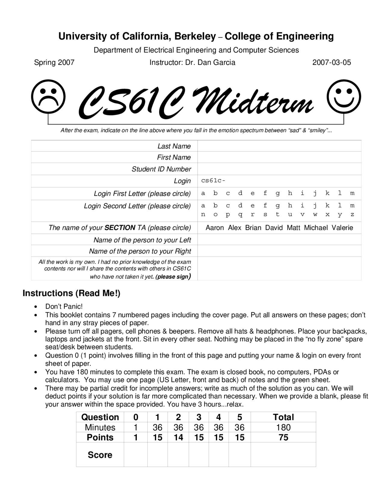 CS61C Midterm Exam, UC Berkeley - EECS, Spring 2007 - Prof. D. D ...