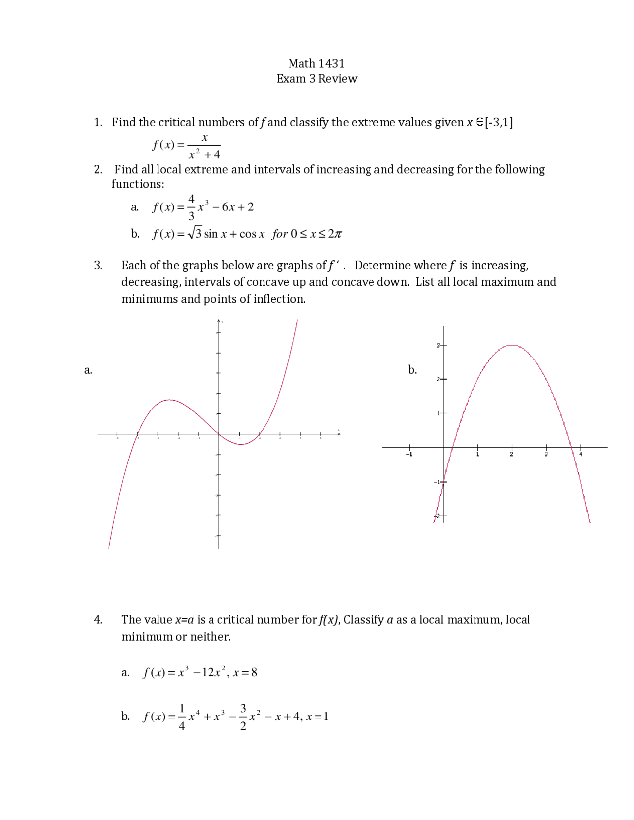 Calculus I Math Questions Exam 3 Review with 7 Questions - Calculus I | MATH 1431 - Docsity