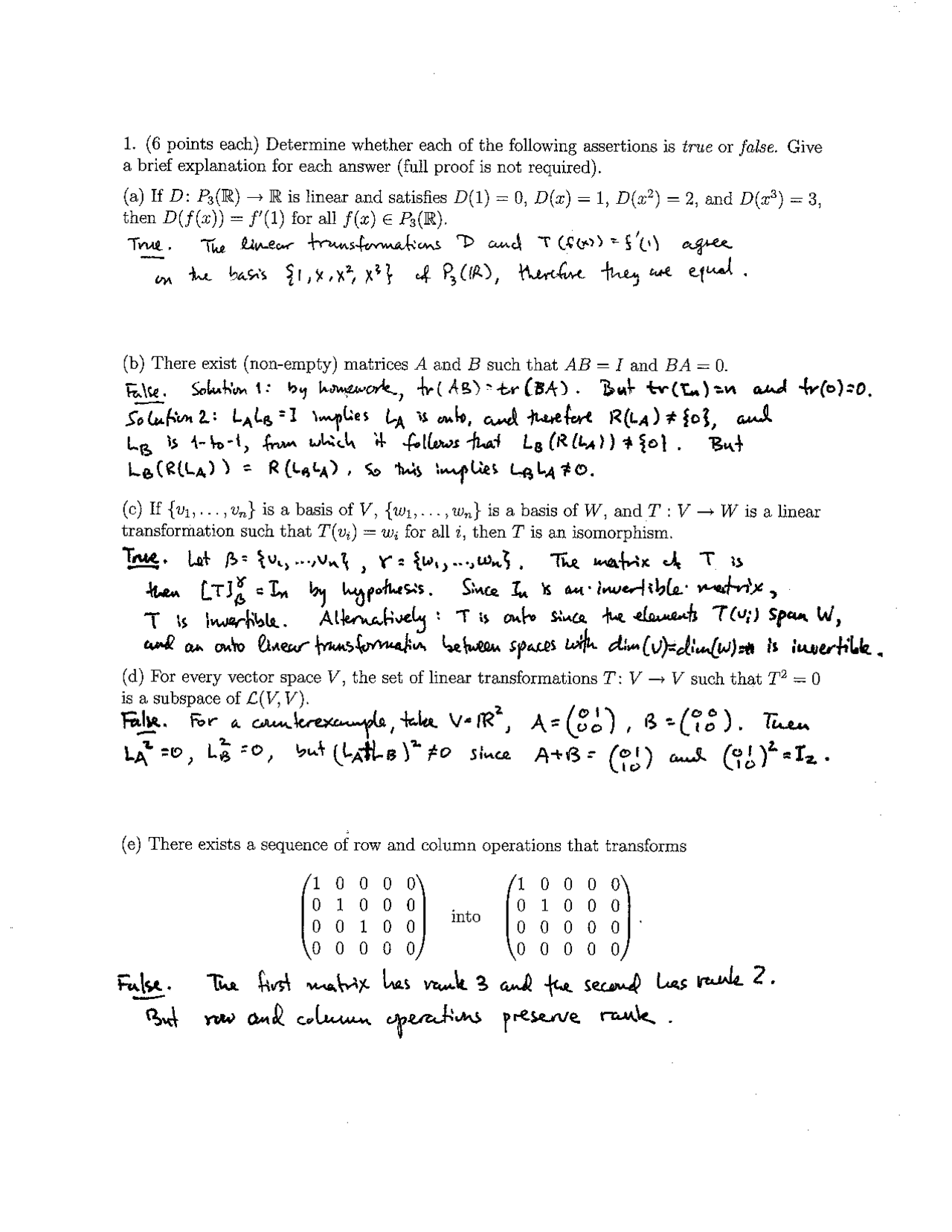 Linear Algebra Math Problems Solutions for 4 Problems - Linear Algebra | MATH 110 - Docsity