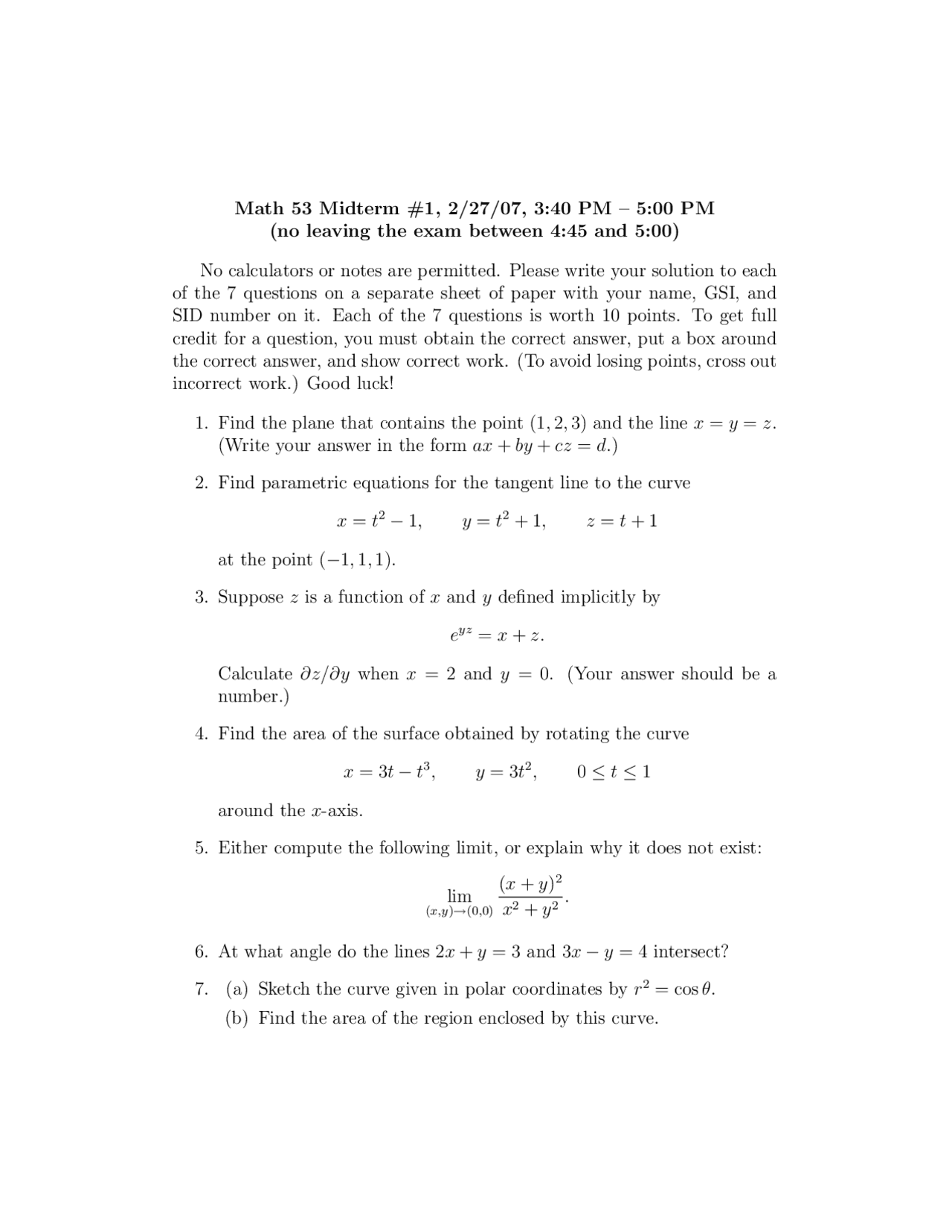 Math 53 Midterm 1: Solutions for various math problems | Exams Calculus ...