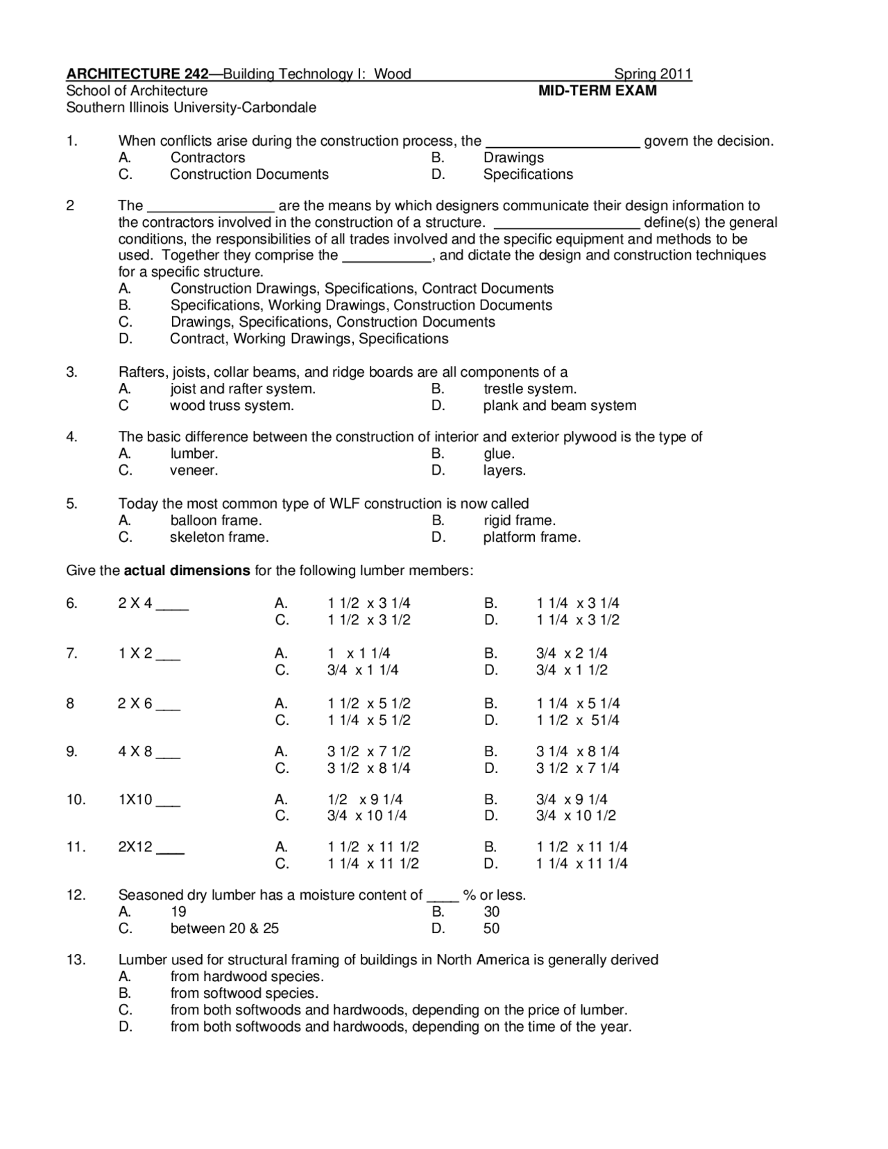 100 MCQs on Midterm Exam Building Technology I Wood ARC 242 Docsity