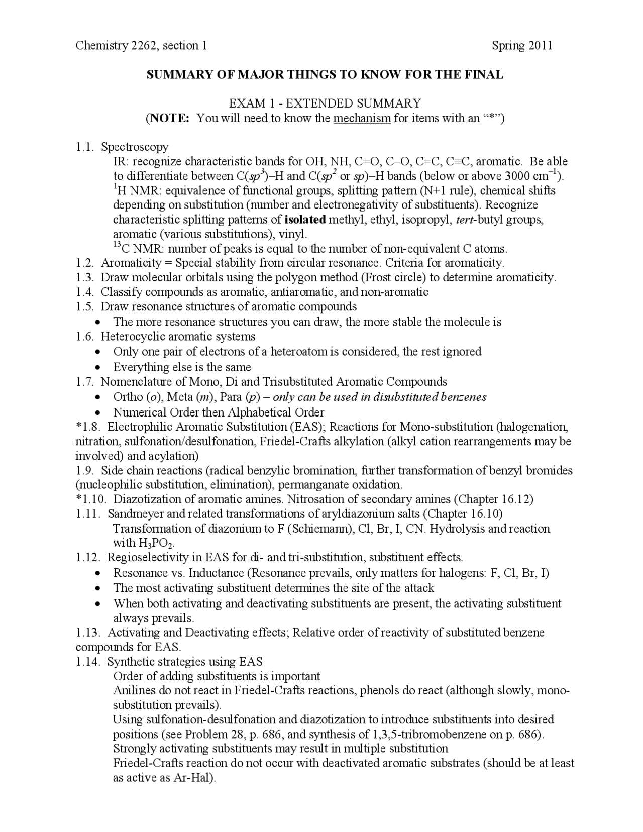 Exam Study Guide for Organic Chemistry | CHEM 2262 - Docsity