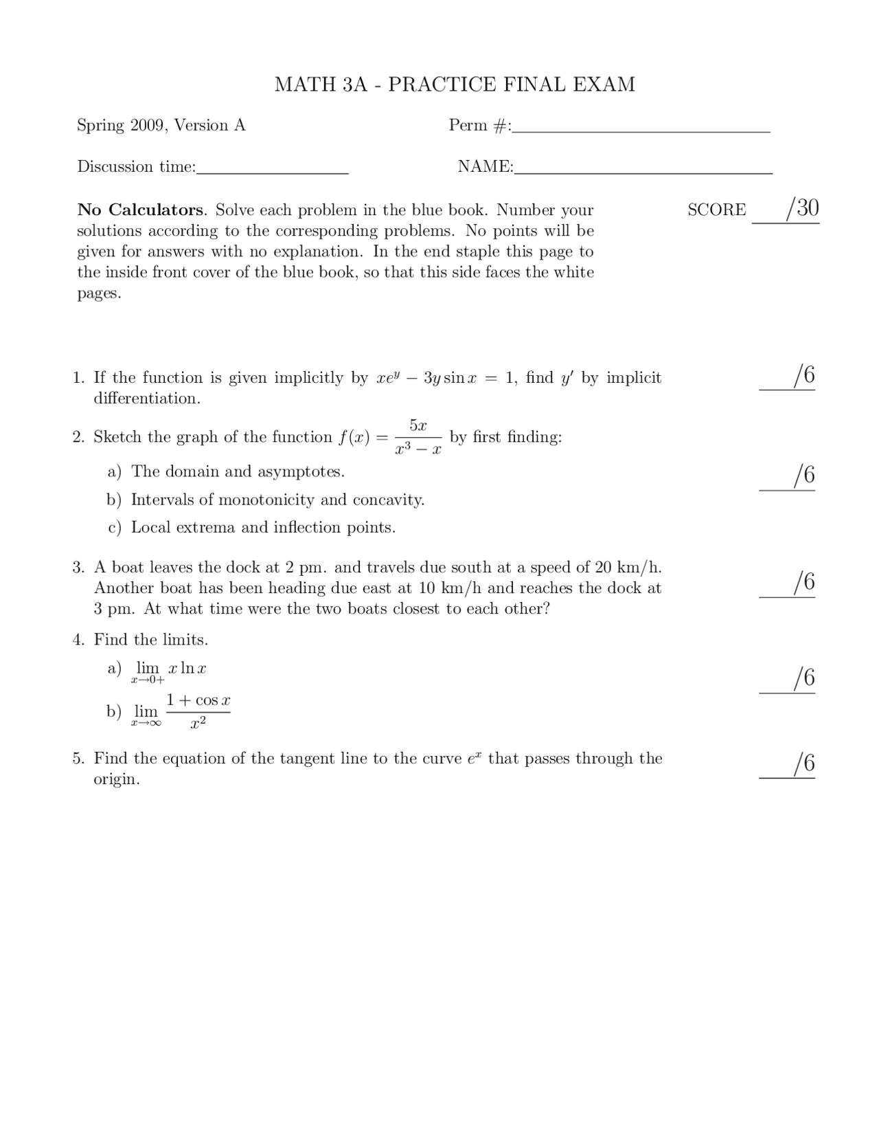 5 Questions in Practice Final Examination | MATH 3A - Docsity