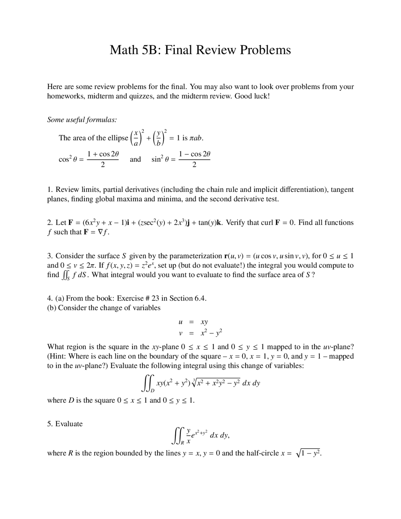 Final Review Problems Vector Calculus I Math 5b Docsity