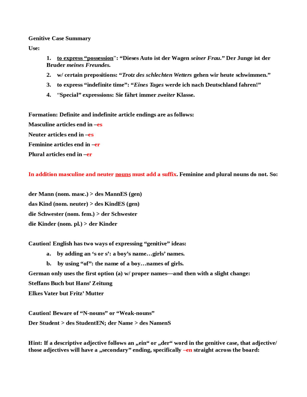 Genitive Case Summary - Lecture Notes | GERM 1102 - Docsity