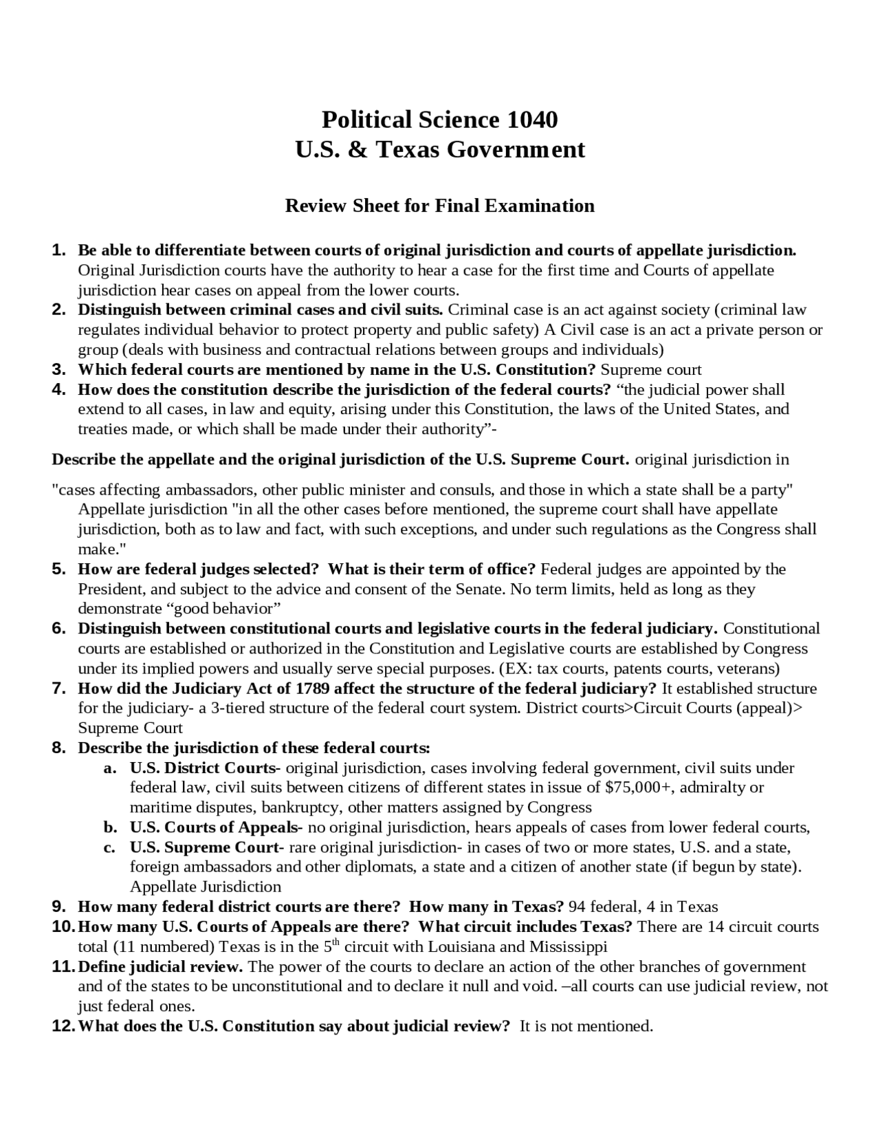 Review Sheet for Final Exam American Government Laws .Institutions PSCI 1040 Docsity