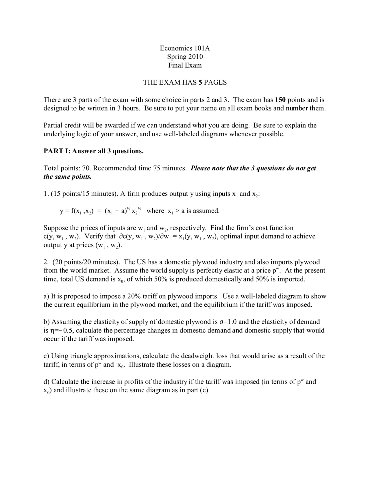 Final Exam With Answer Key Economic Theory Econ 101a Docsity