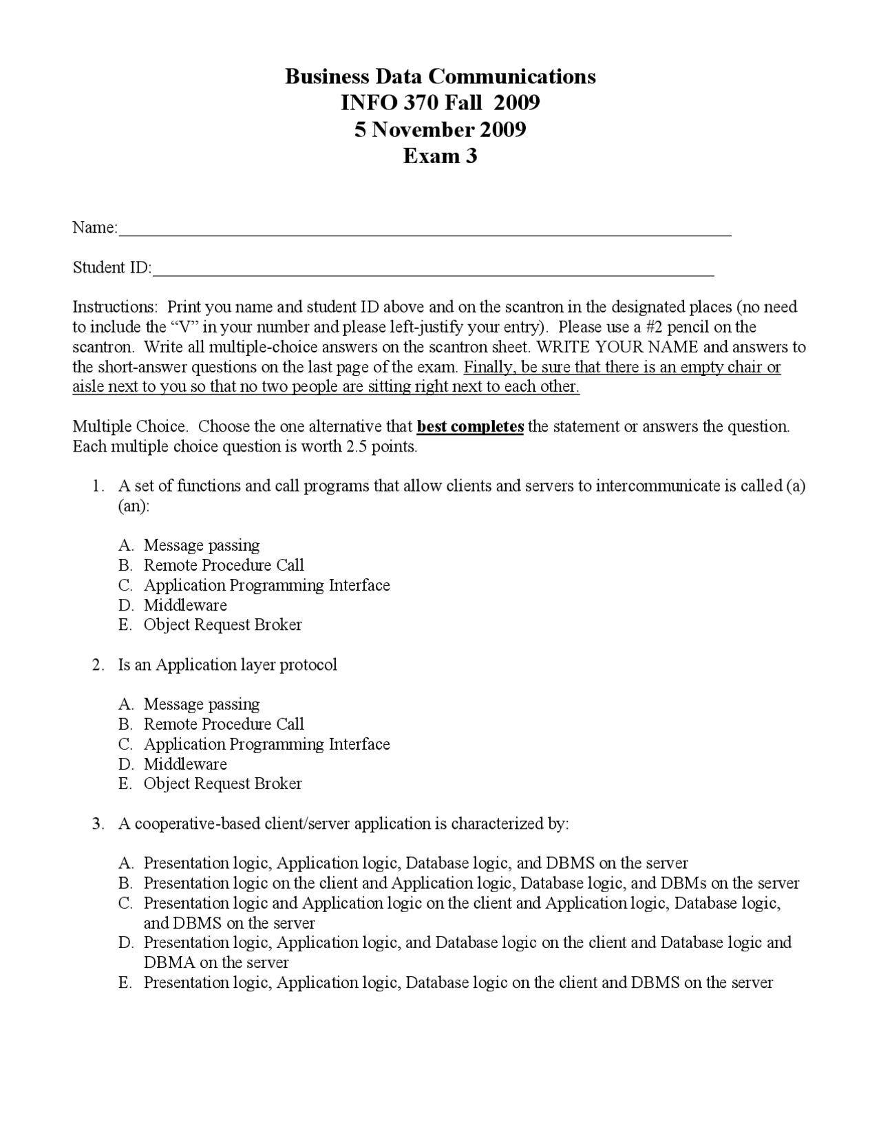 Exam 3 Questions - Business Data Communications | MGMT 320 - Docsity
