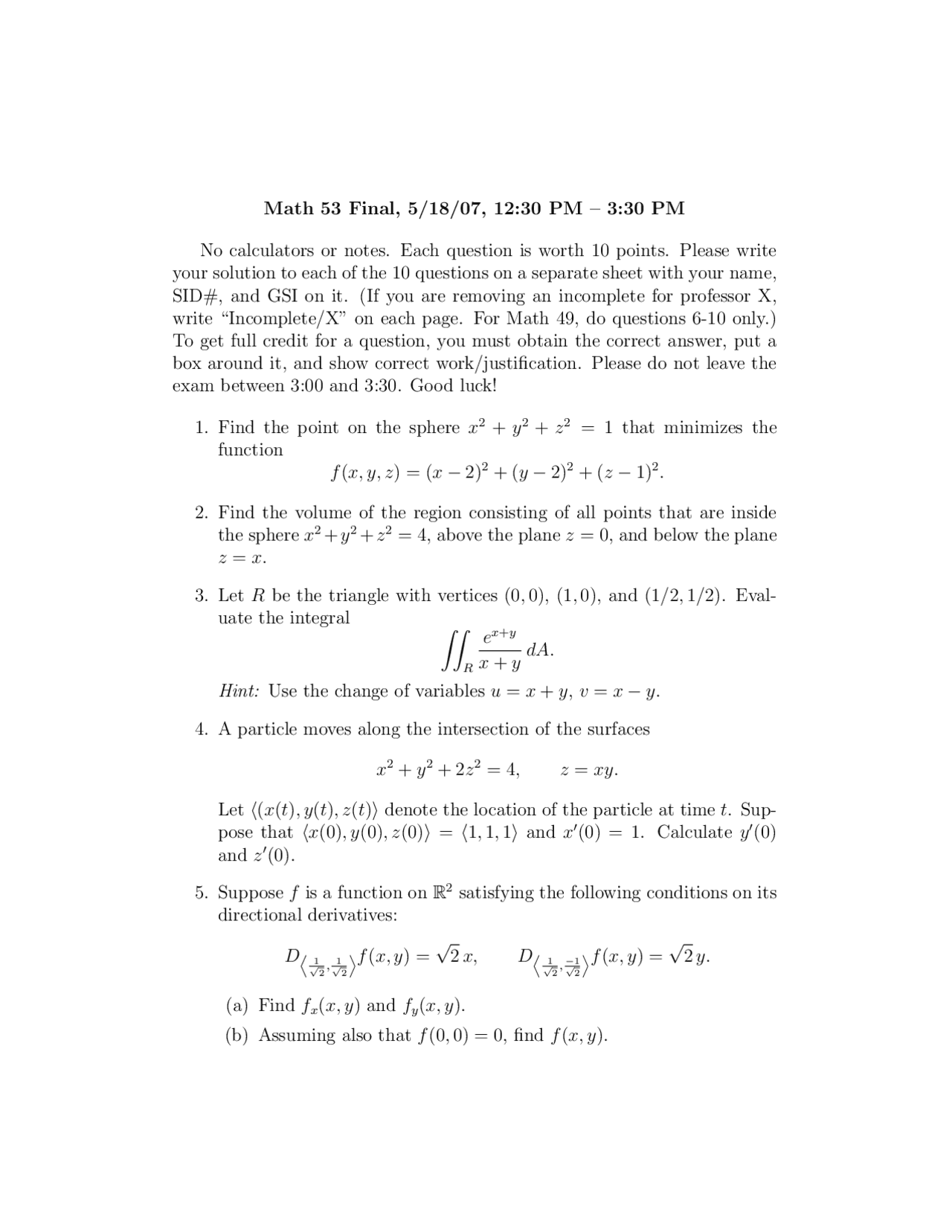 Multivariable Calculus - 5 Questions in Final Exam | MATH 53 - Docsity