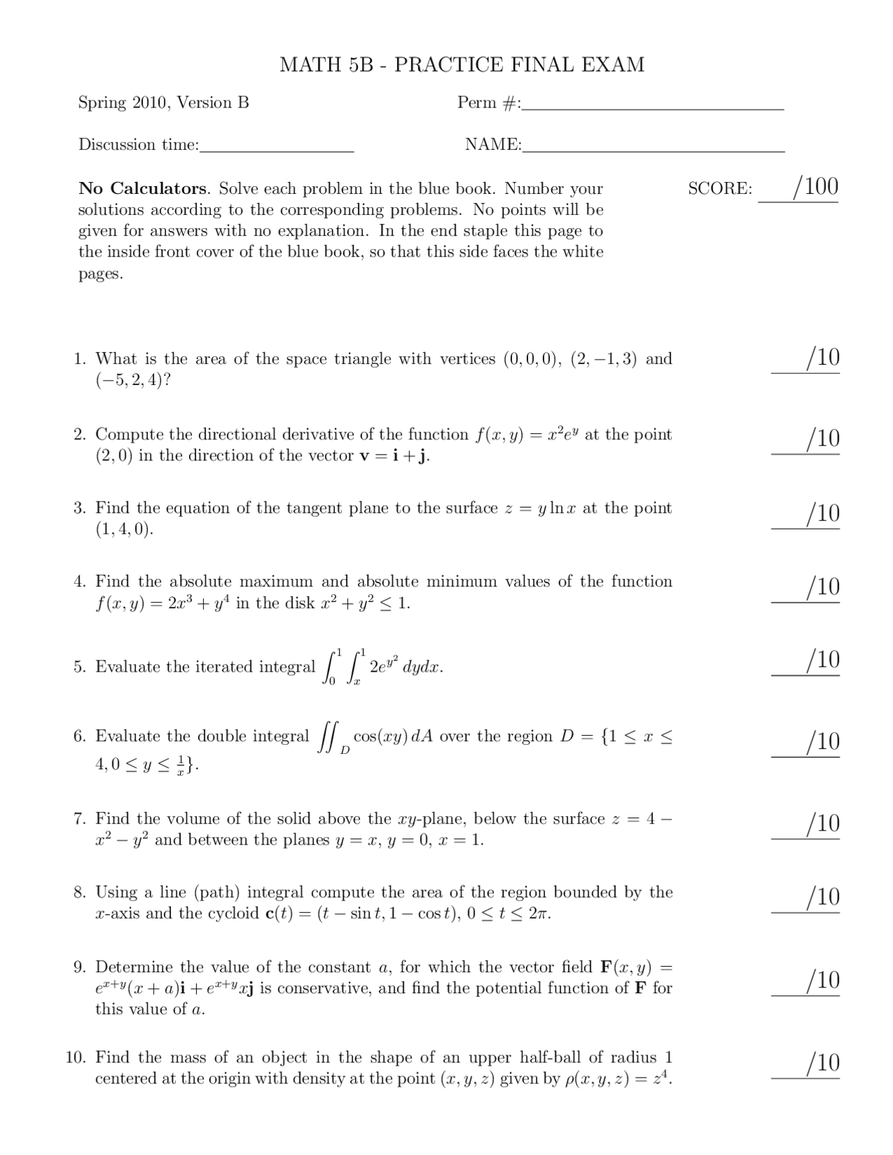 10 Questions in Vector Calculus 1 - Final Exam | MATH 5B - Docsity