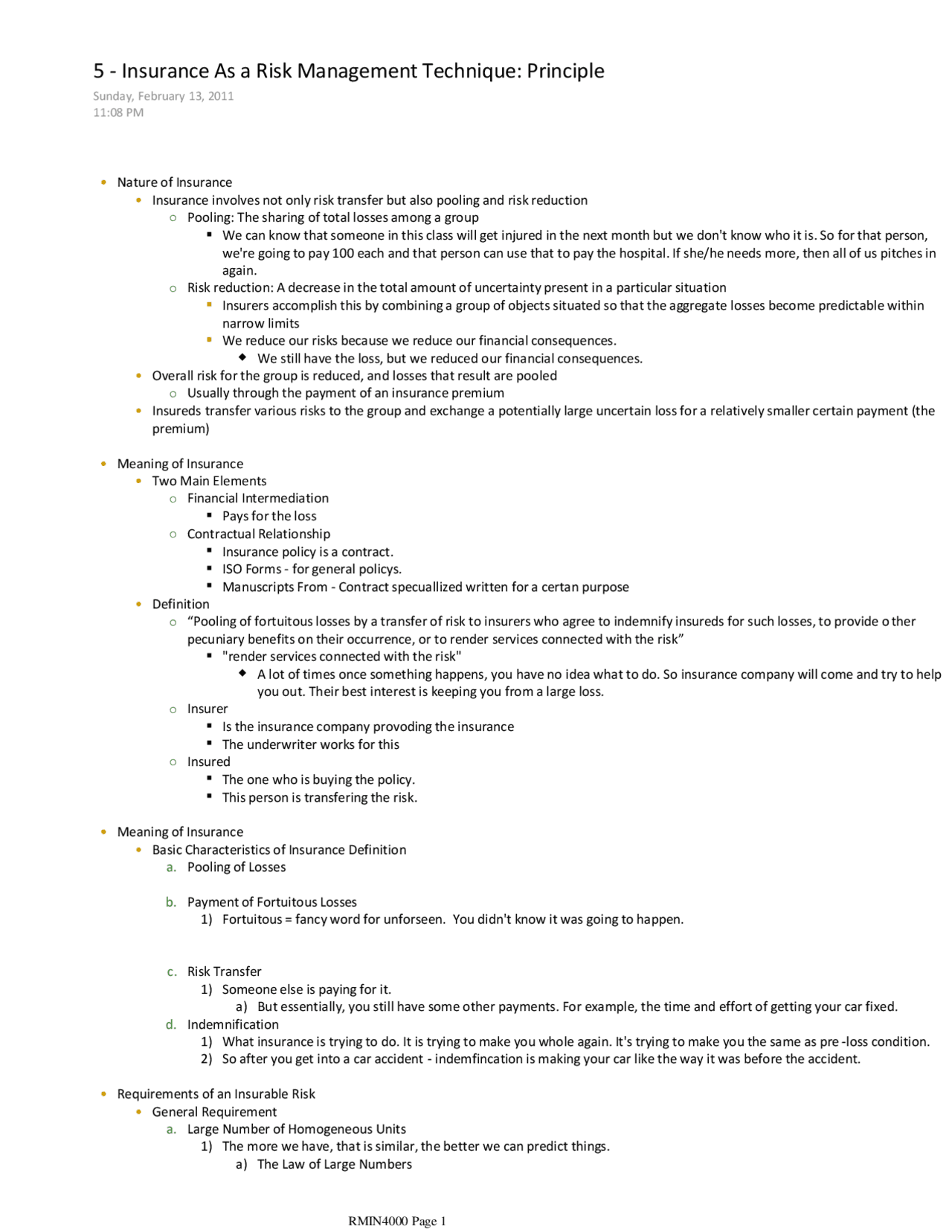 Student Notes For Risk Management Exam II Notes - Risk Management and Insurance | RMIN 4000 - Docsity