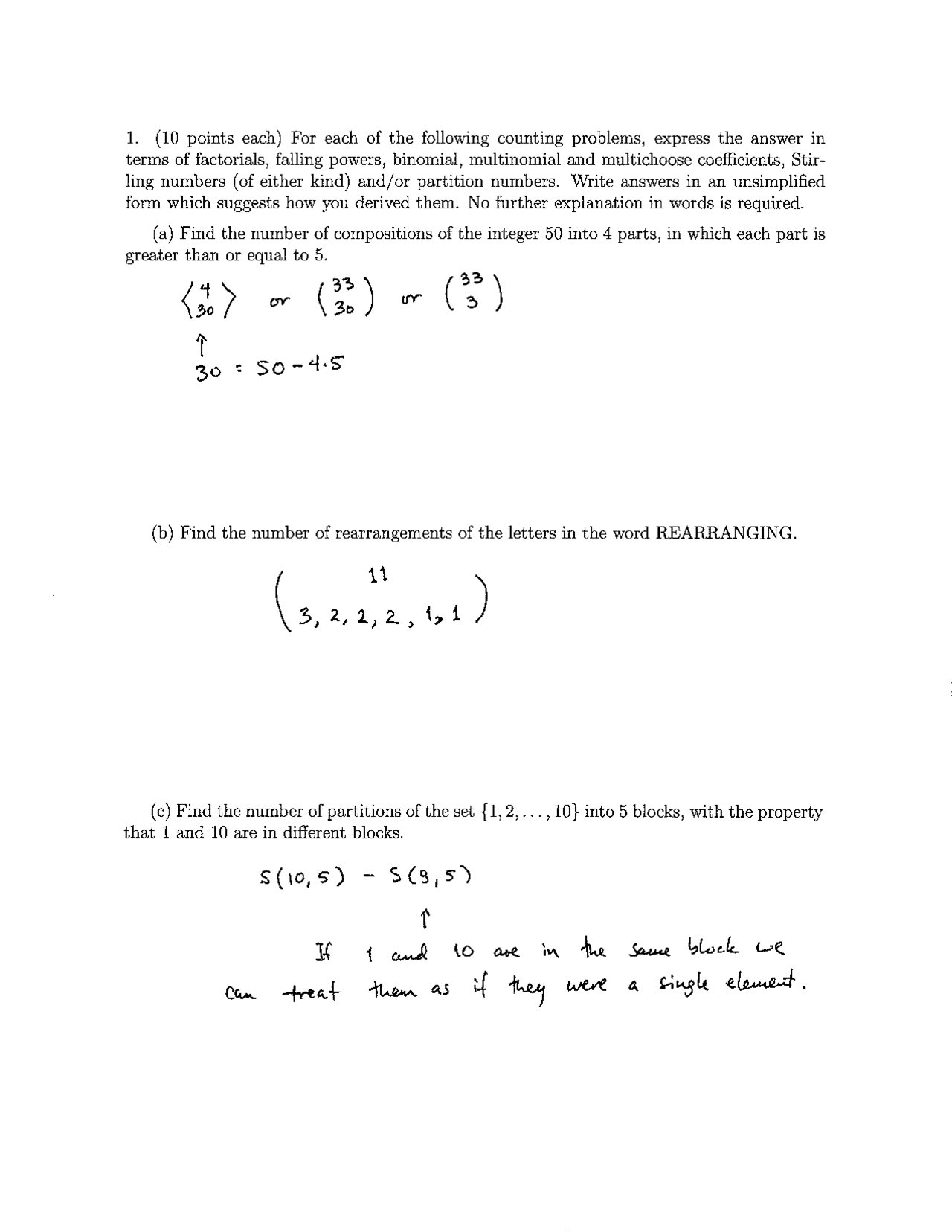 Most Advanced Math Problem Solution Combinatorics Exam 1 with Solved Problems - Combinatorics Type | MATH 172 - Docsity