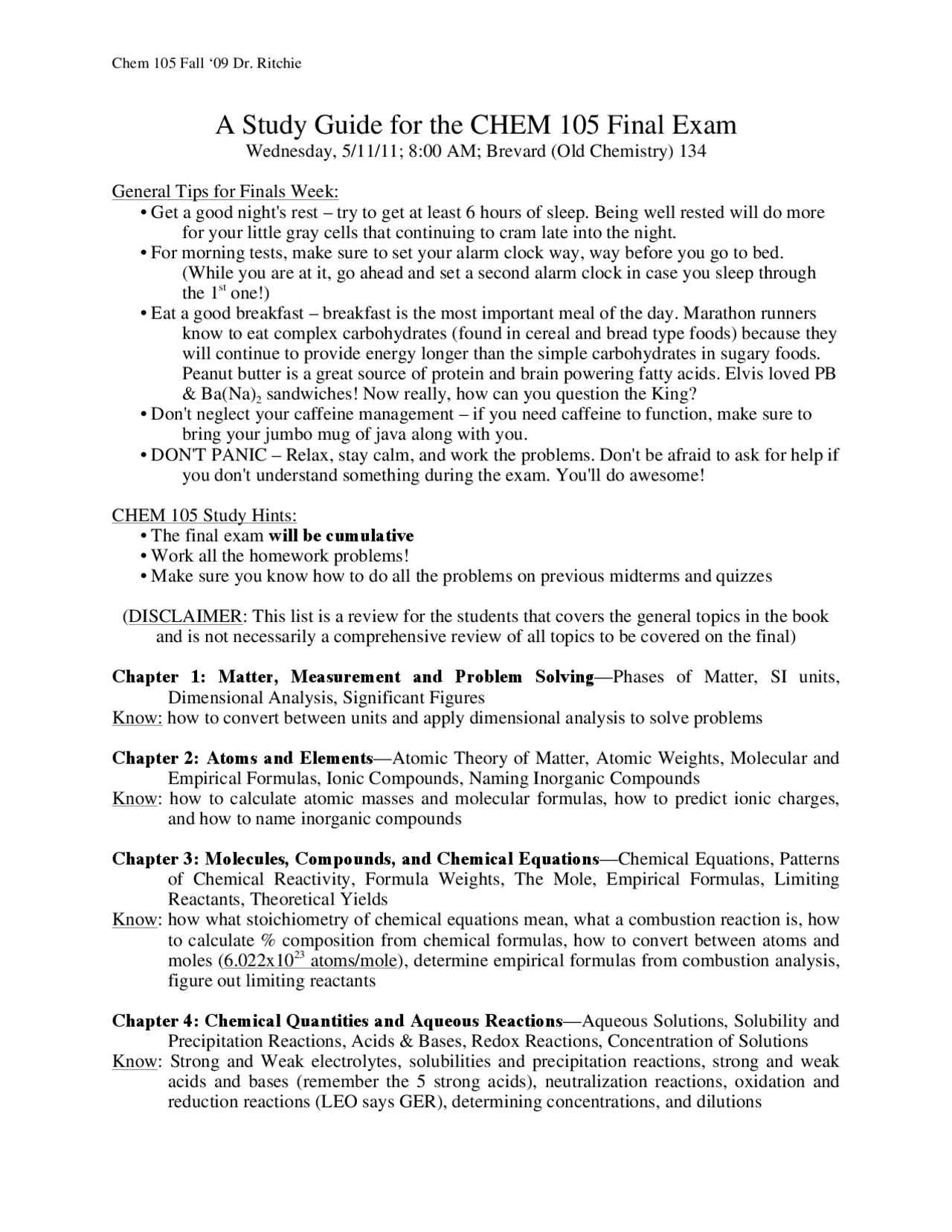 Study Guide for Final Exam - General Chemistry I | Chem 105 - Docsity