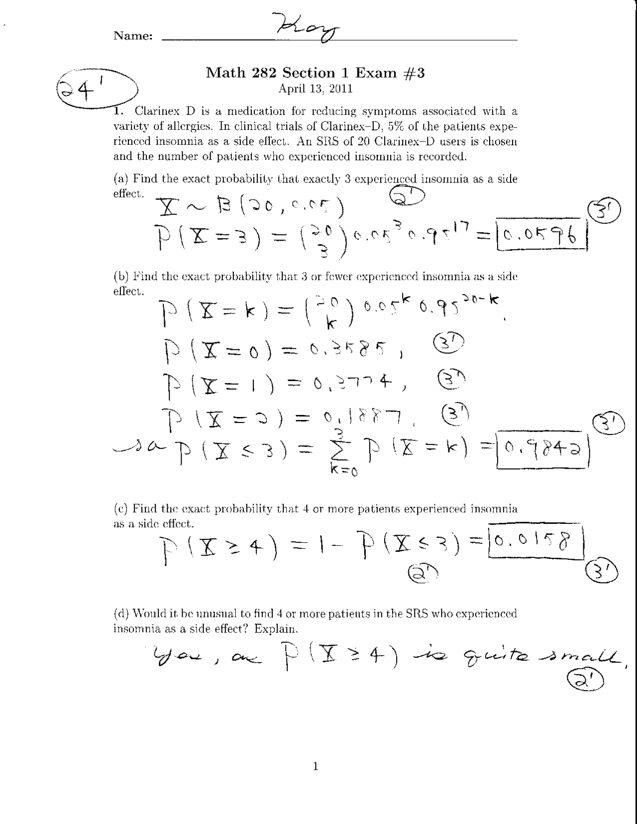 6 Solved Problems on Introduction to Statistics - Exam 3 | MATH 282 ...