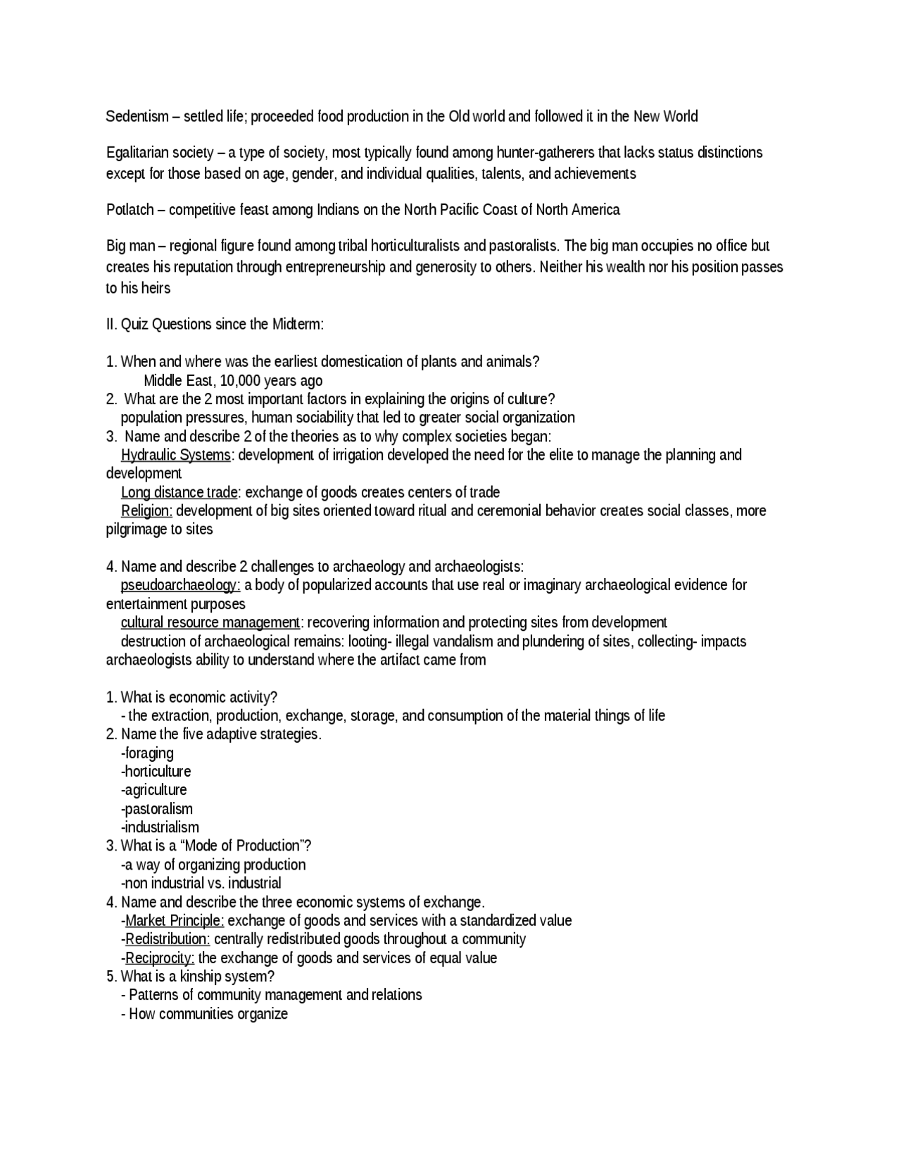 Review Sheet for Quiz - Introduction to Anthropology | ANTH 1102 - Docsity