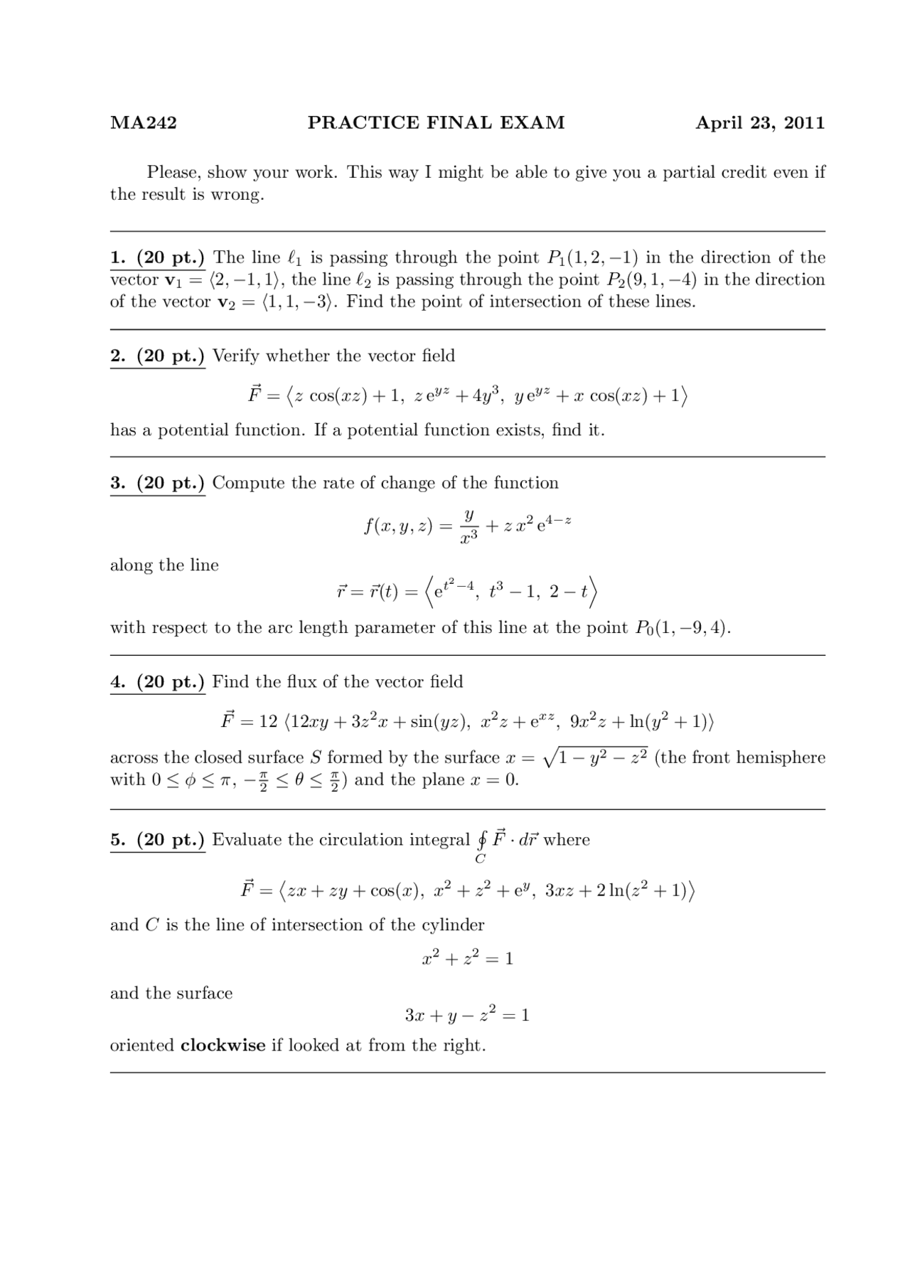 Practice Final Exam - Calculus III | MA 242 - Docsity