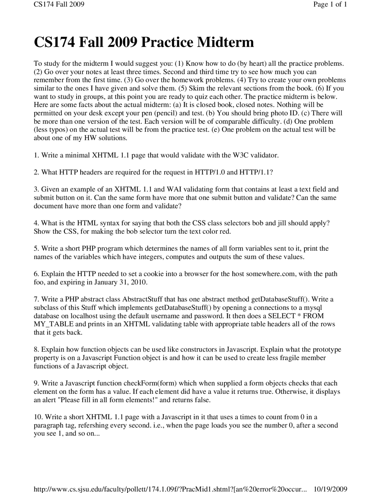 Practice Midterm Exam - Server side Web Programming | CS 174 | Exams ...