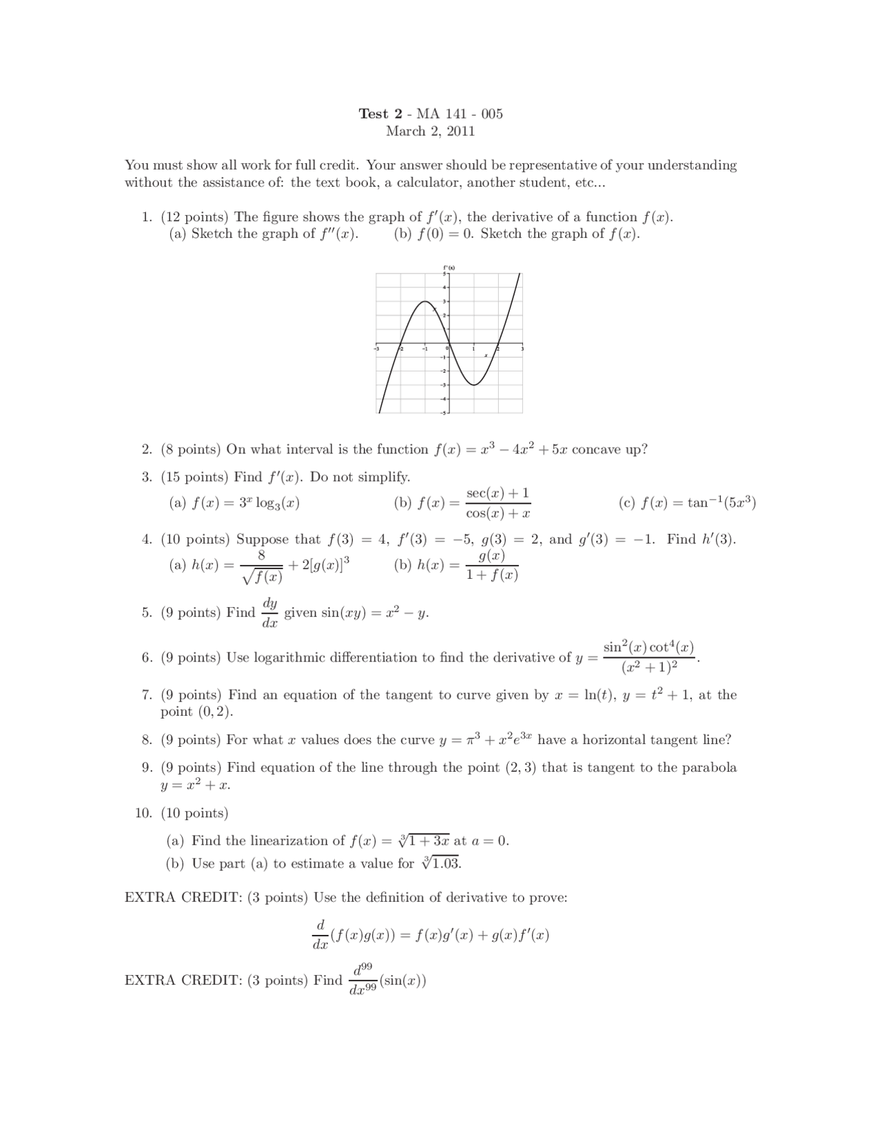 10 Questions Test 2 On Calculus I Ma 141 Docsity