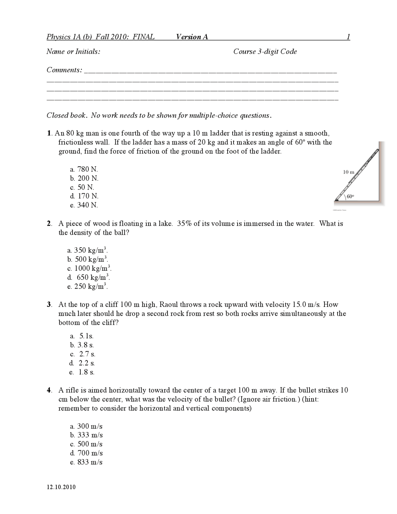 Mechanics - Final Exam A with Solutions | PHYS 1A - Docsity