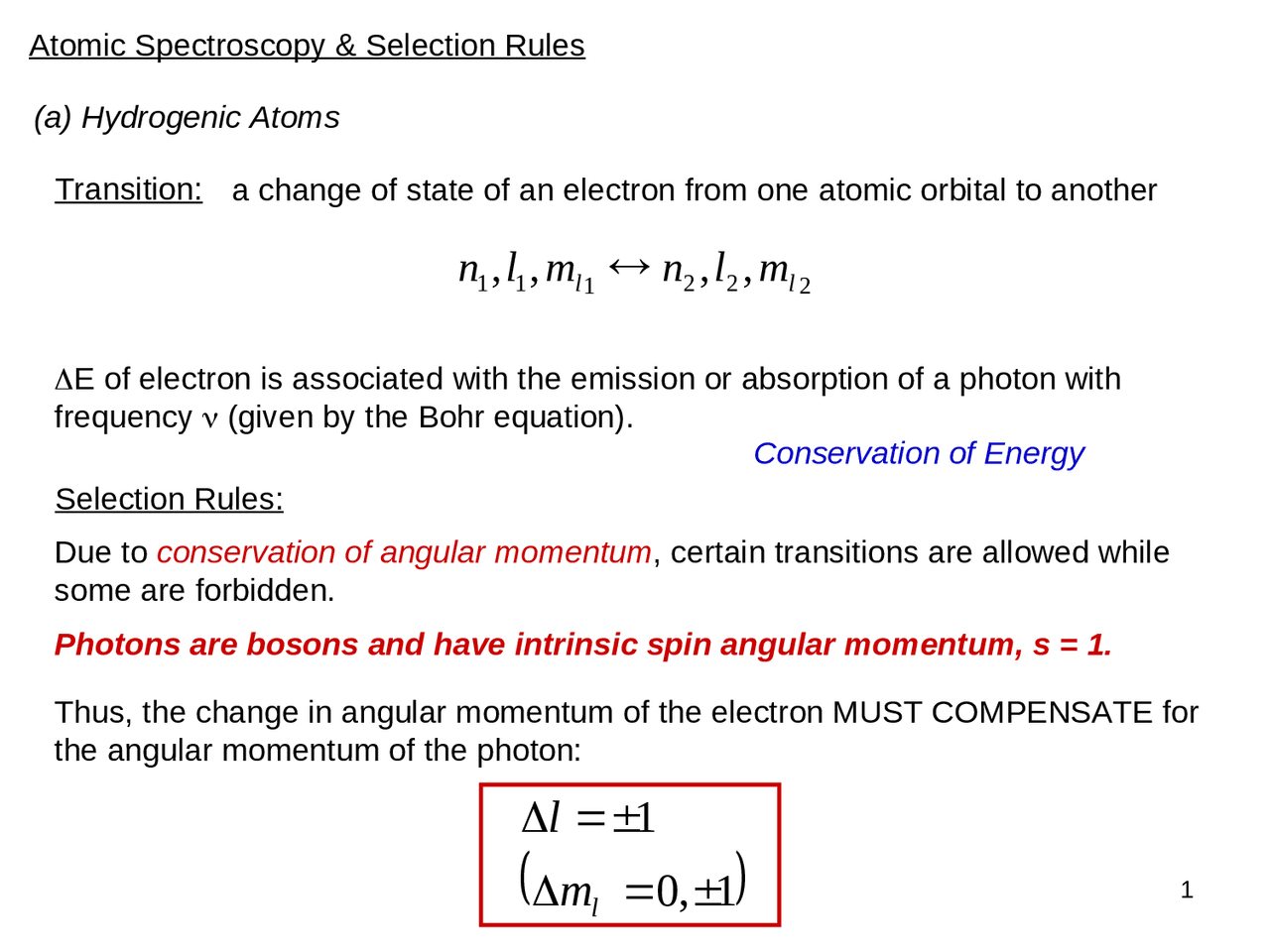 Atomic Spectroscopy and Selection Rules Lecture Notes CHE 3280 Docsity