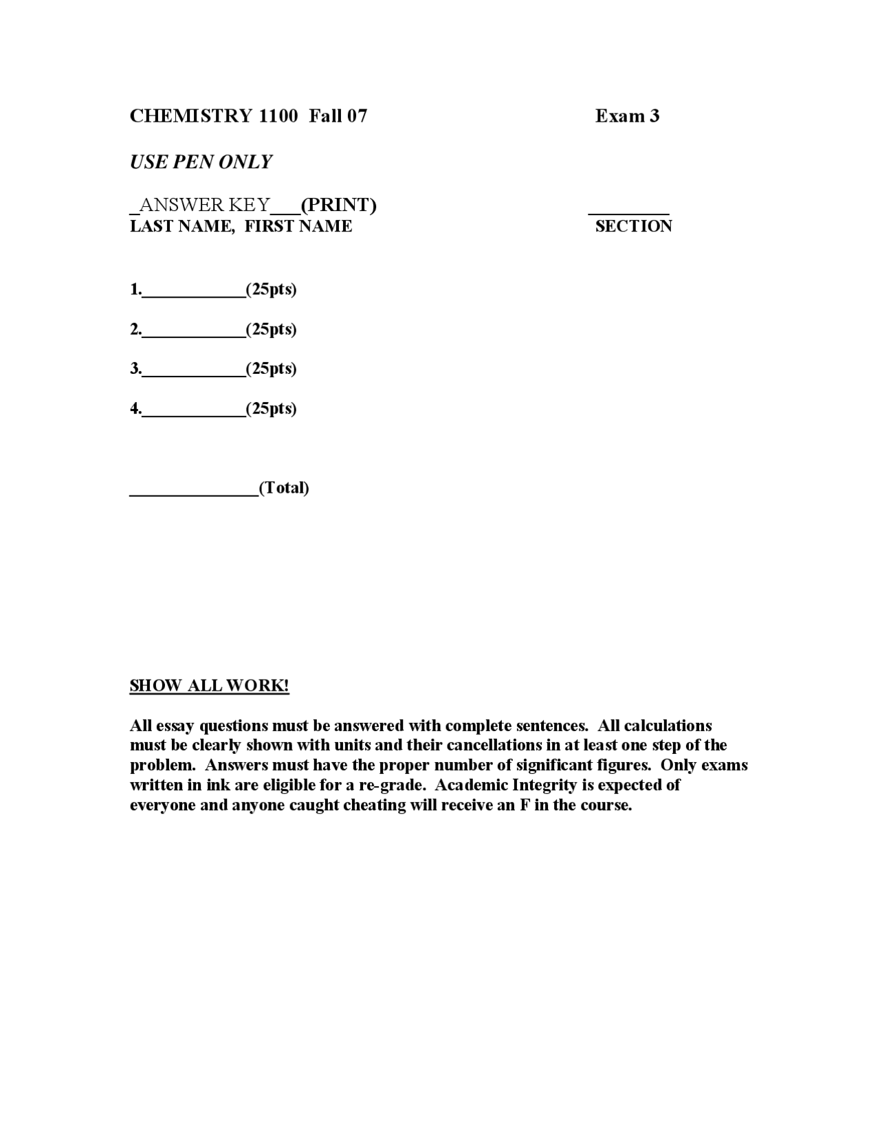 Practice Exam 3 with Solution for Chemistry 1 - Fall 2007 | CHEM 1100 ...