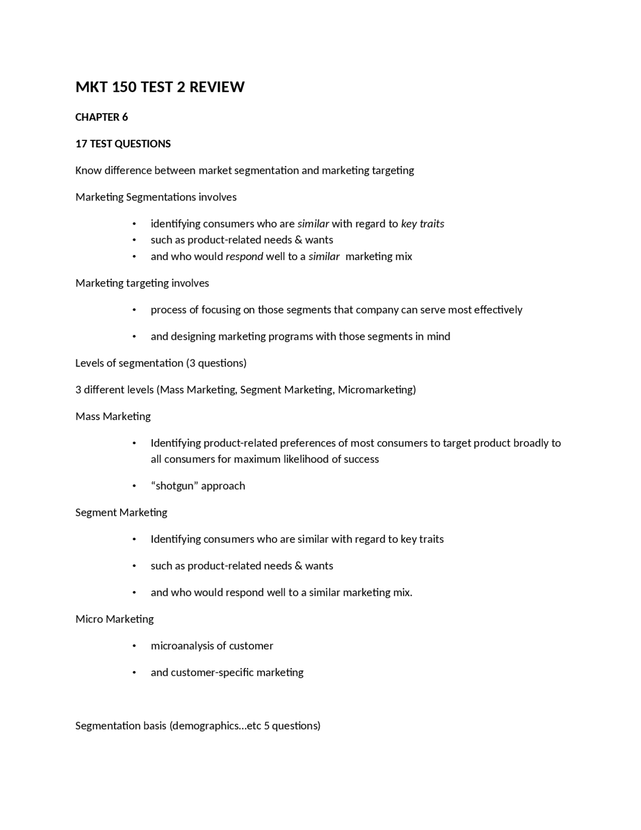 Exam 2 Review - Marketing Fundamentals | MKT 150 - Docsity