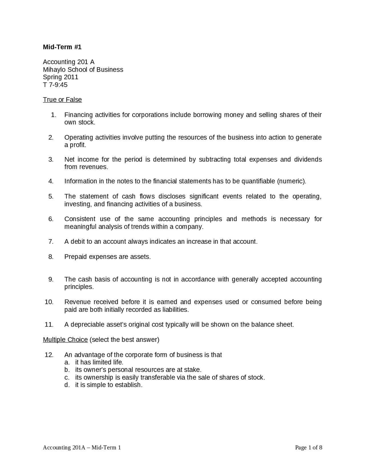 Midterm Exam 1 for Financial Accounting | ACCT 201A - Docsity