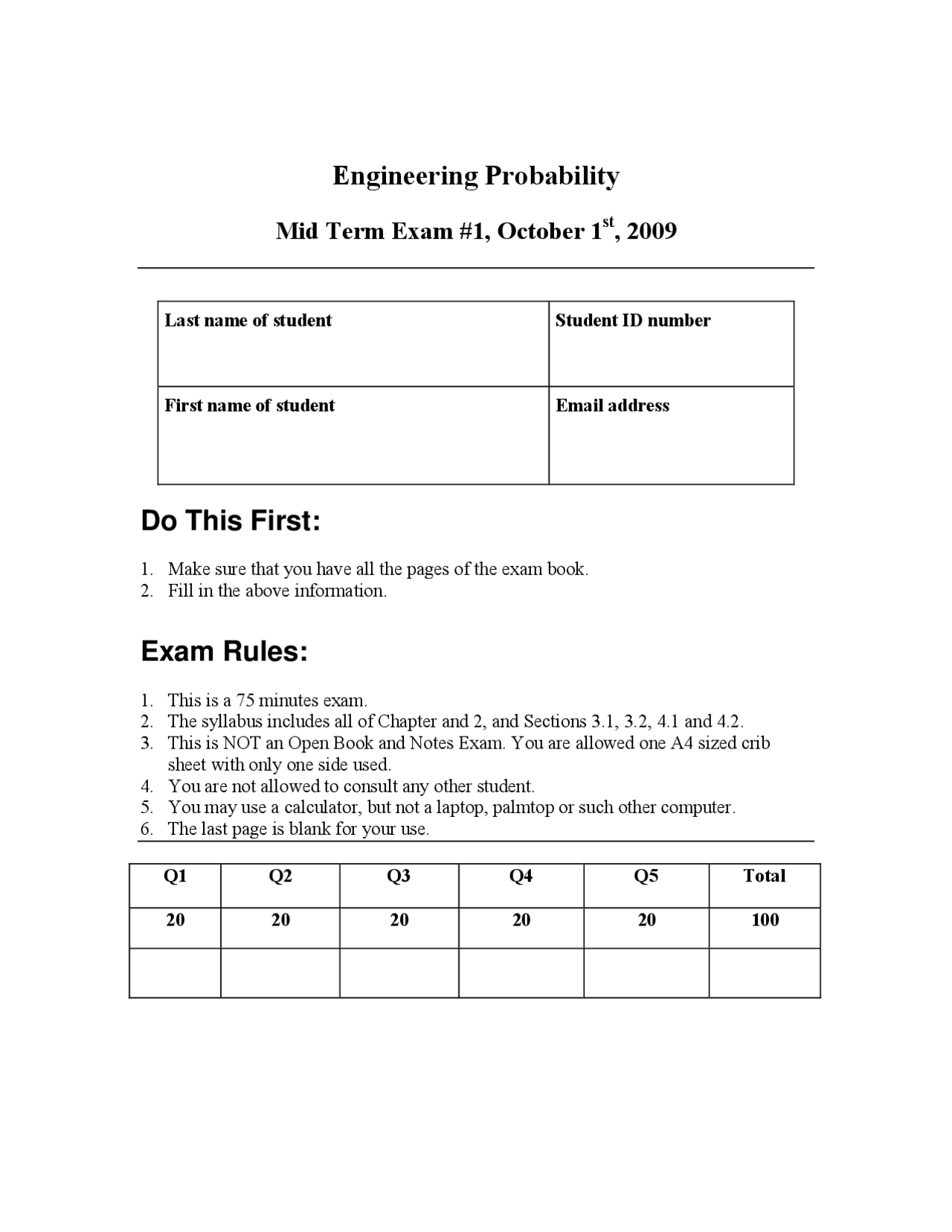 Exam #1 with Solutions - Engineering Probability | ECSE 2500 - Docsity