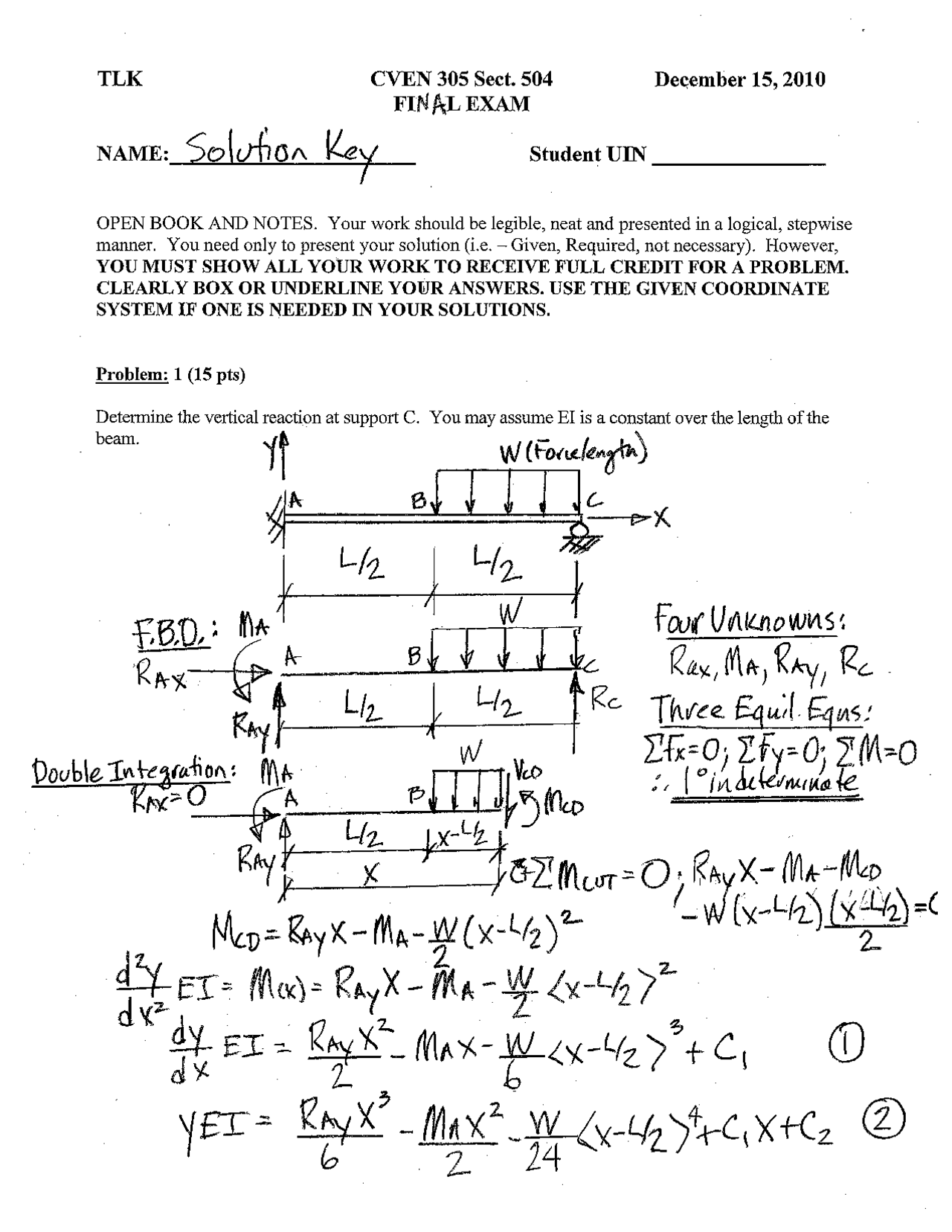 Final Exam Solution Key - Mechanics of Materials | CVEN 305 - Docsity