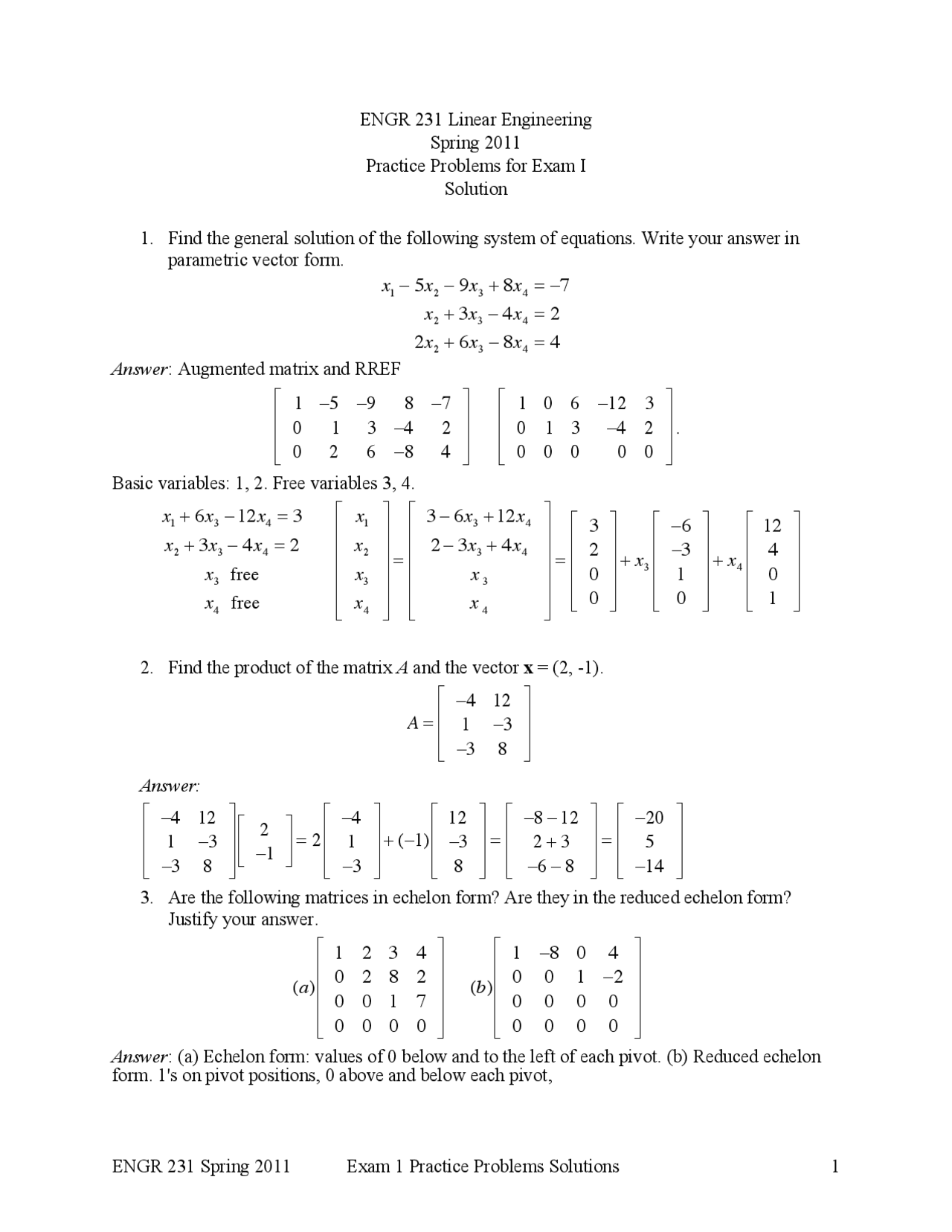 Exam 1 Practice Problem Solutions - Linear Engineering Systems | ENGR ...
