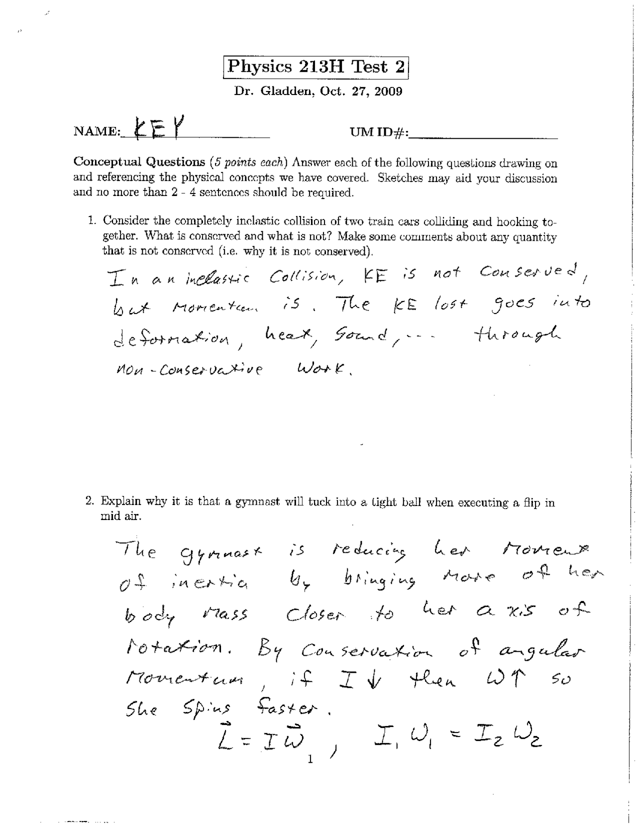 Past Test 2 with Answer Key - General Physics I | Phys 213 - Docsity