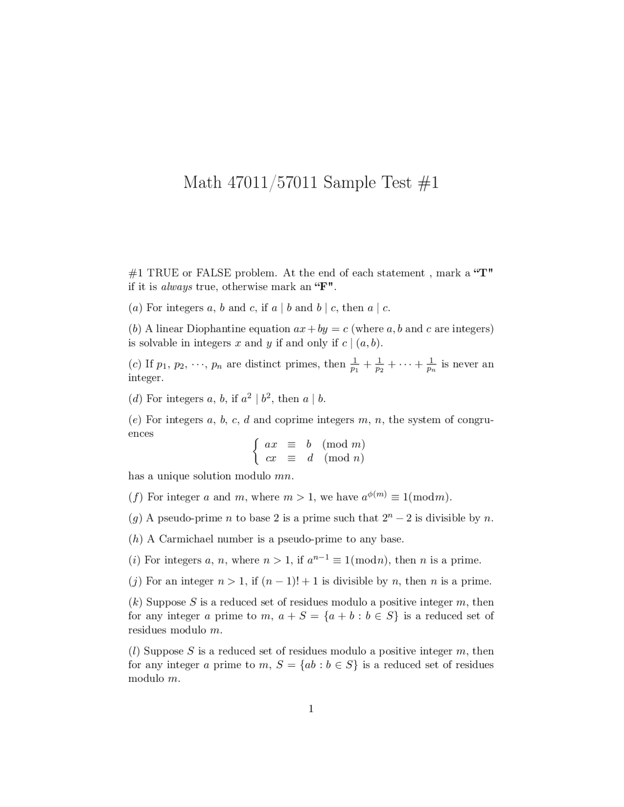 Theory Math Question Sample Exam 1 Questions - Theory of Numbers | MATH 47011 | Exámenes ...