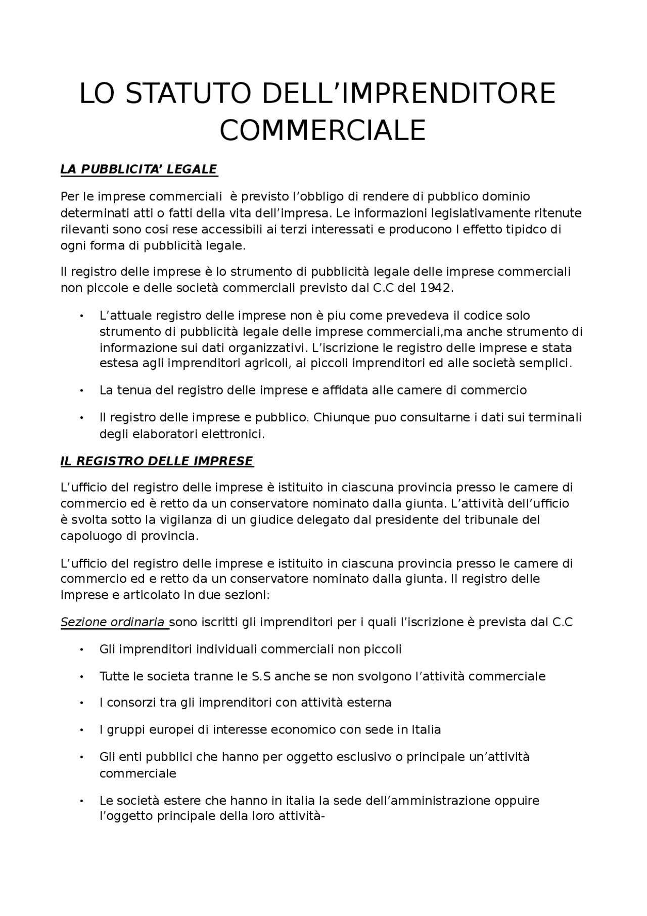 LO STATUTO DELL'IMPRENDITORE COMMERCIALE Docsity
