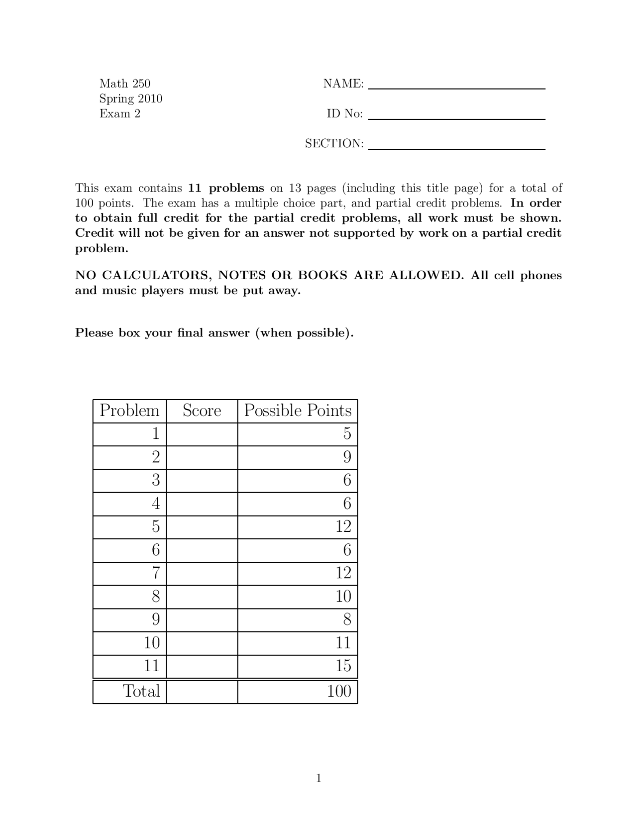 Practice Exam 2 - Ordinary Differential Equations | MATH 250 - Docsity