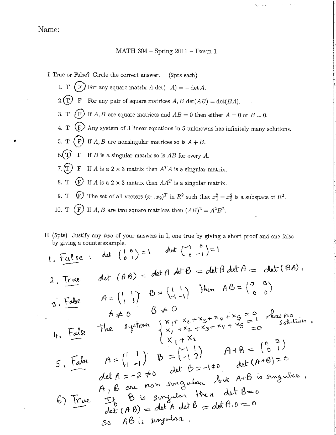 Exam 1 with Answer Key - Legal Algebra | MATH 304 - Docsity