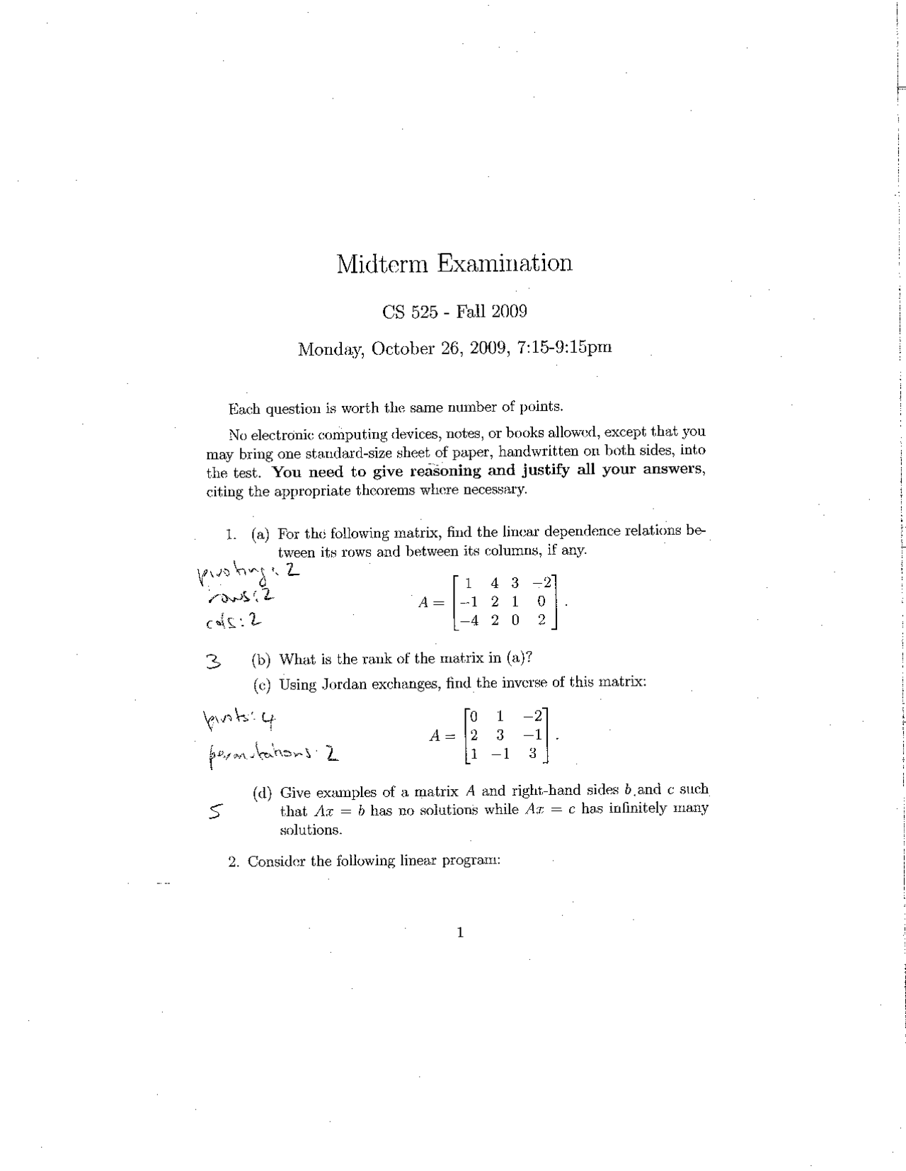 4 Questions with Answer Midterm Exam - Linear Programming Methods ...