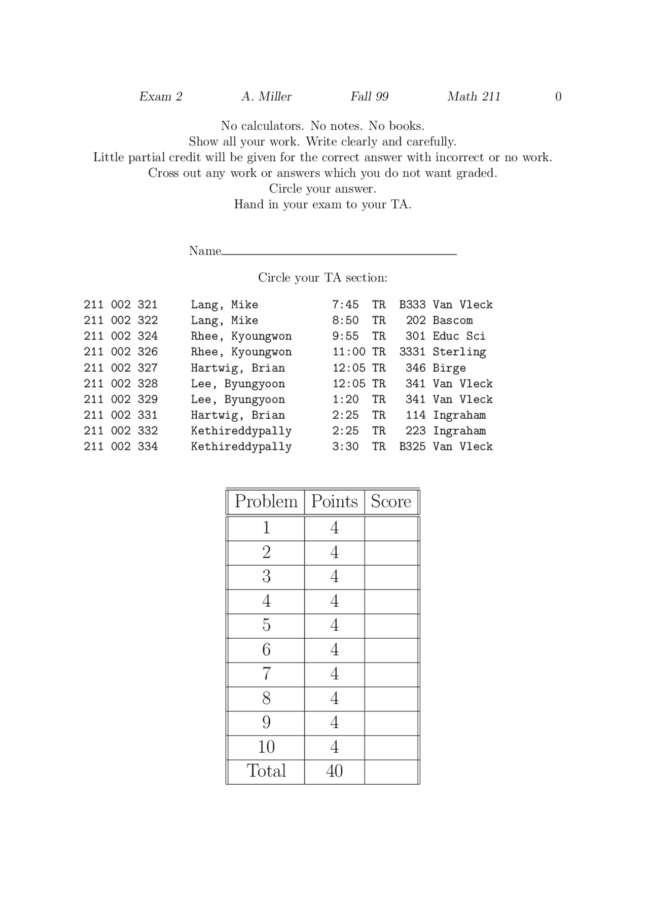 Exam 2 Questions on Calculus with Answers Key | MATH 211 | Exams ...