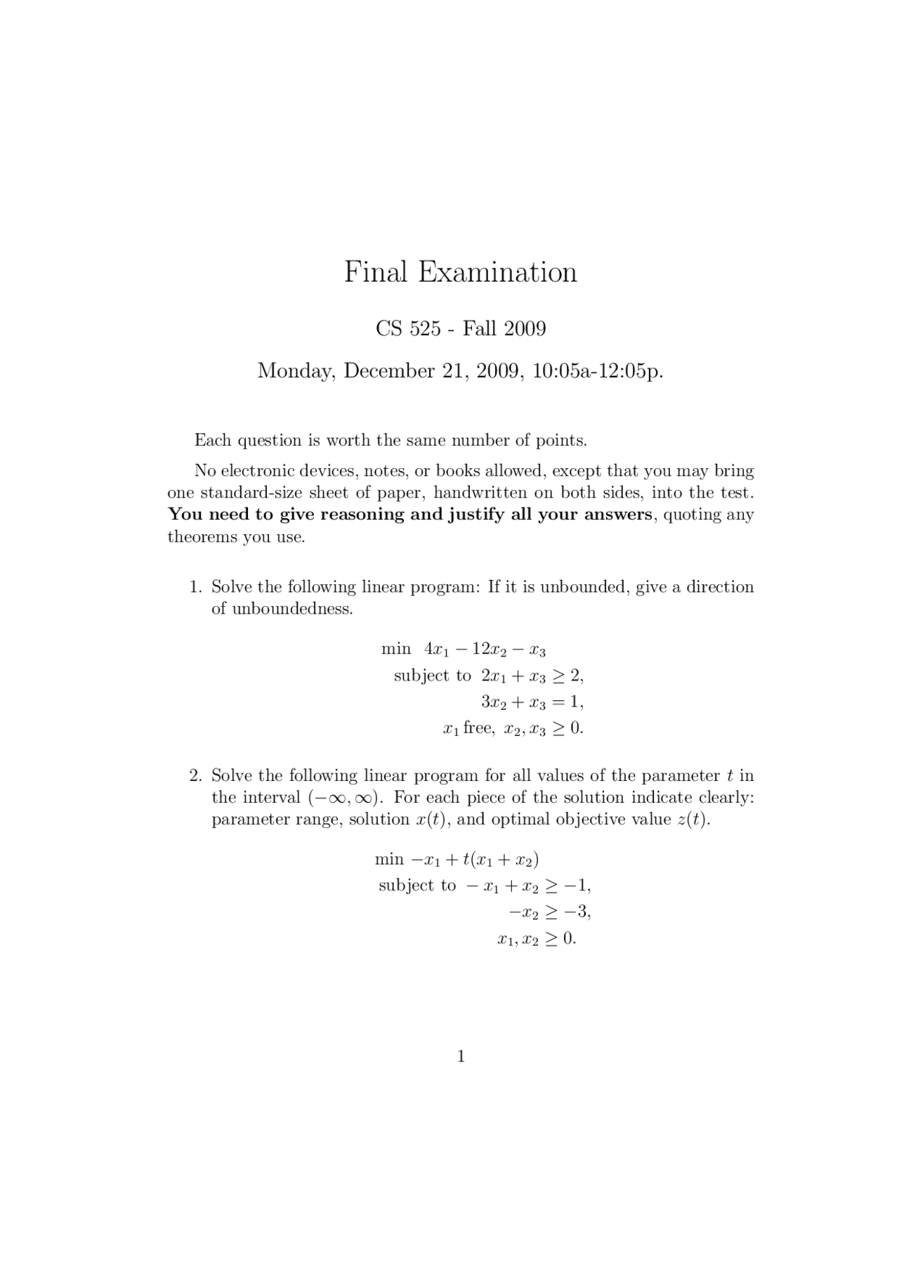 Final Exam with Resolution | Linear Programming Methods | COMP SCI 525 ...