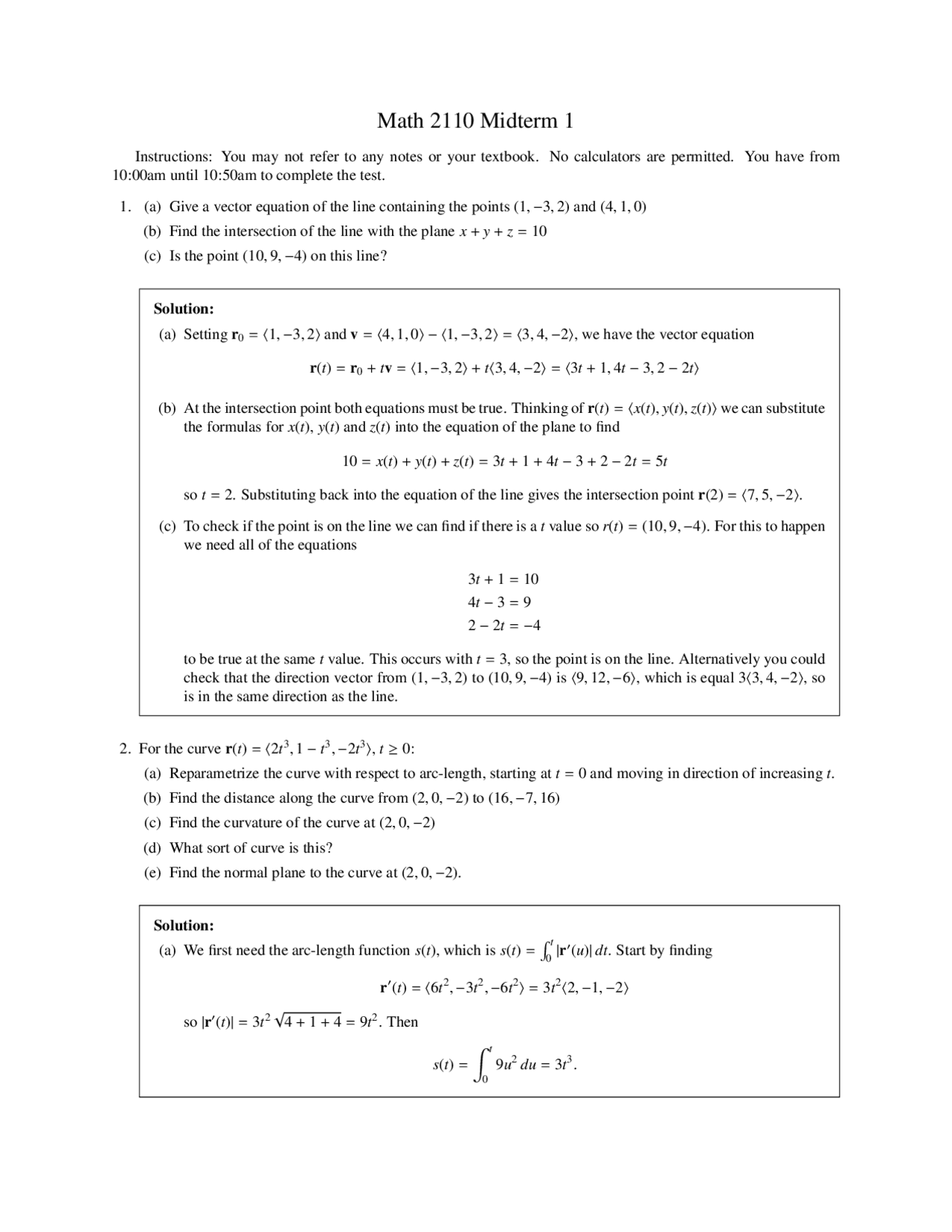 2 Solved Problems on Multivariable Calculus - Exam 1 | MATH 2110 - Docsity