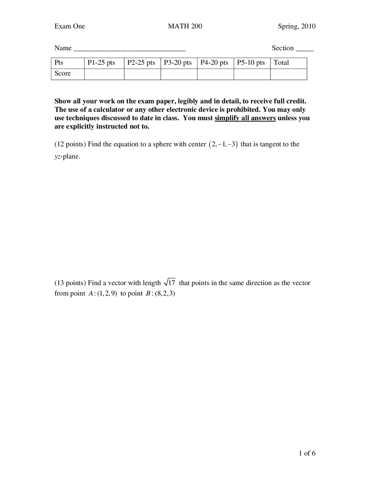 Exam 1 Practice Questions - Multivariate Calculus - Fall 2010 | MATH ...
