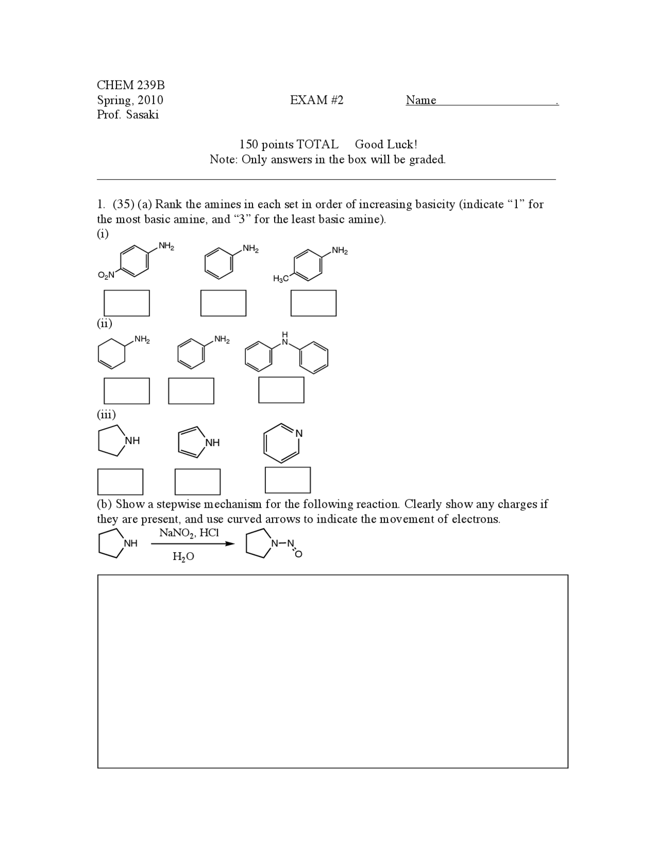 Practice Exam 2 on Organic Chemistry - Spring 2010 | CHEM 239 - Docsity