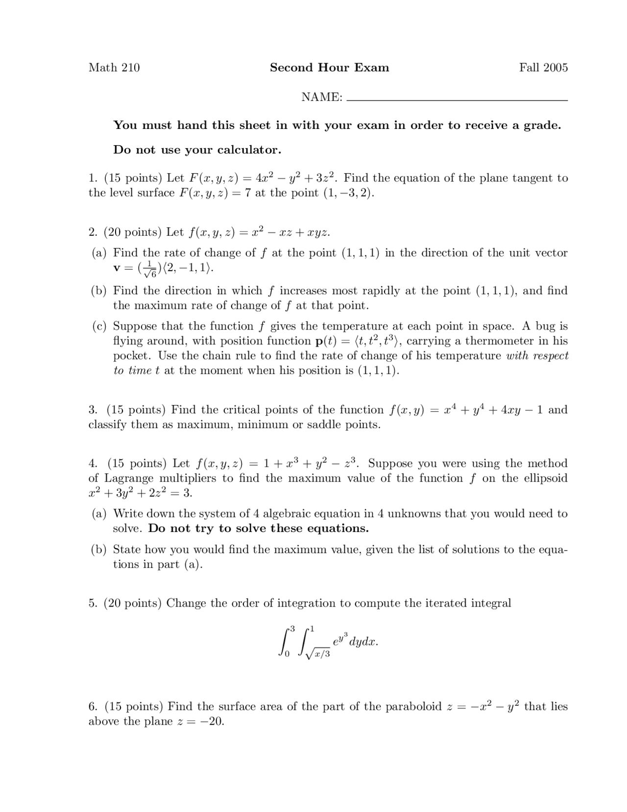 Solutions For Exam 2 Calculus Iii Math 210 Docsity