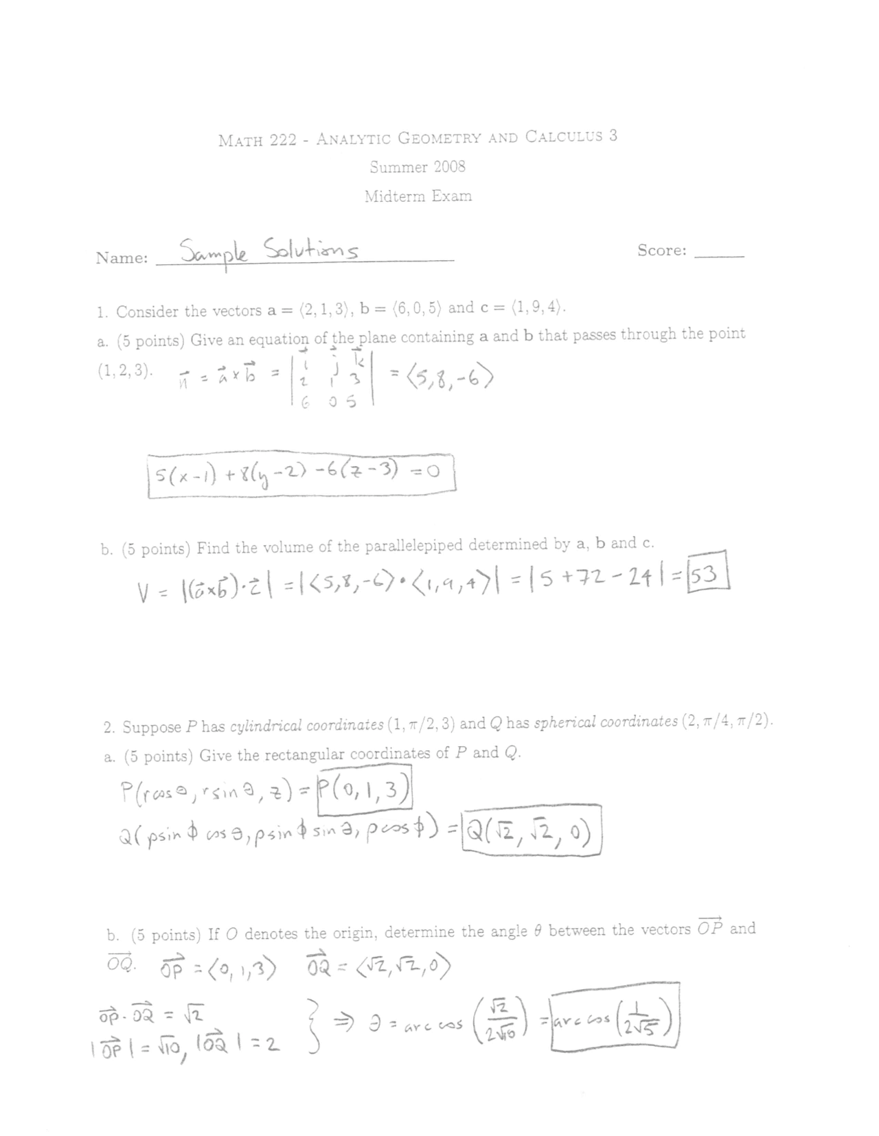 Analytic Geometry And Calculus Iii Solutions For Midterm Exam Math 222 Docsity
