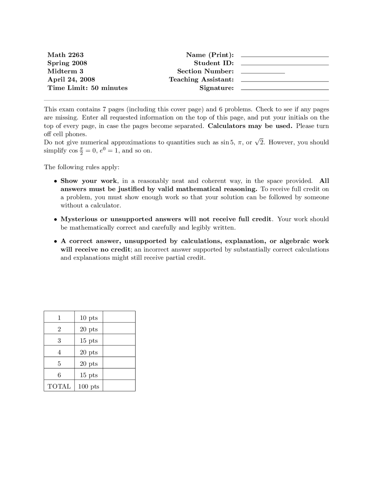 Midterm Exam 3 for Multivariable Calculus | MATH 2263 - Docsity